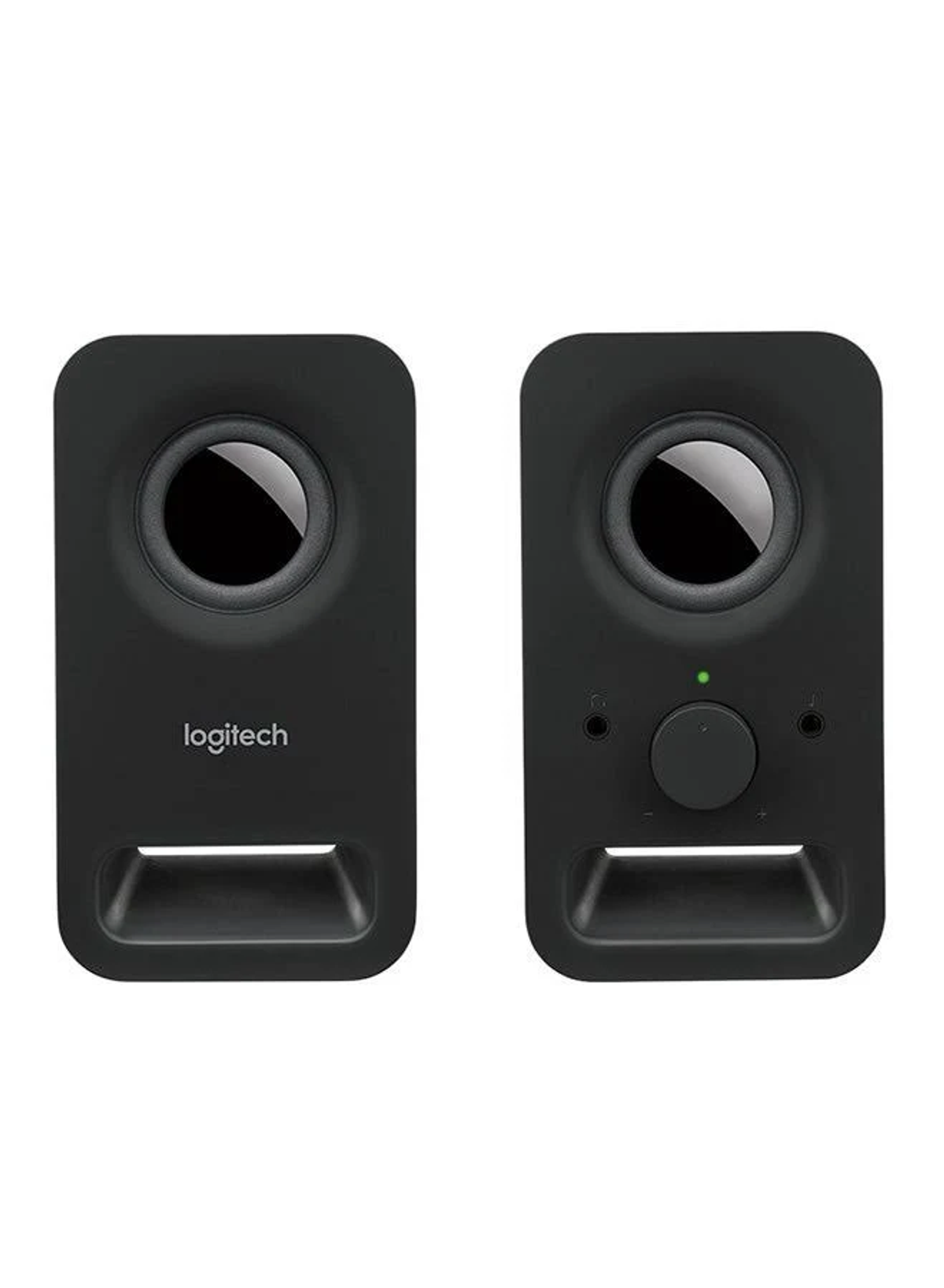 Dos altavoces de ordenador negros, con control de volumen y luz de encendido.