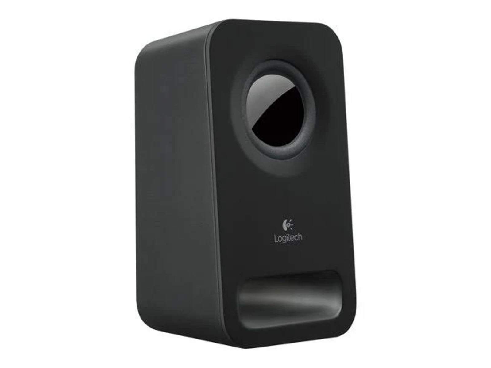 Altavoz Logitech negro con una abertura circular en la parte delantera y el logotipo de Logitech al lado.