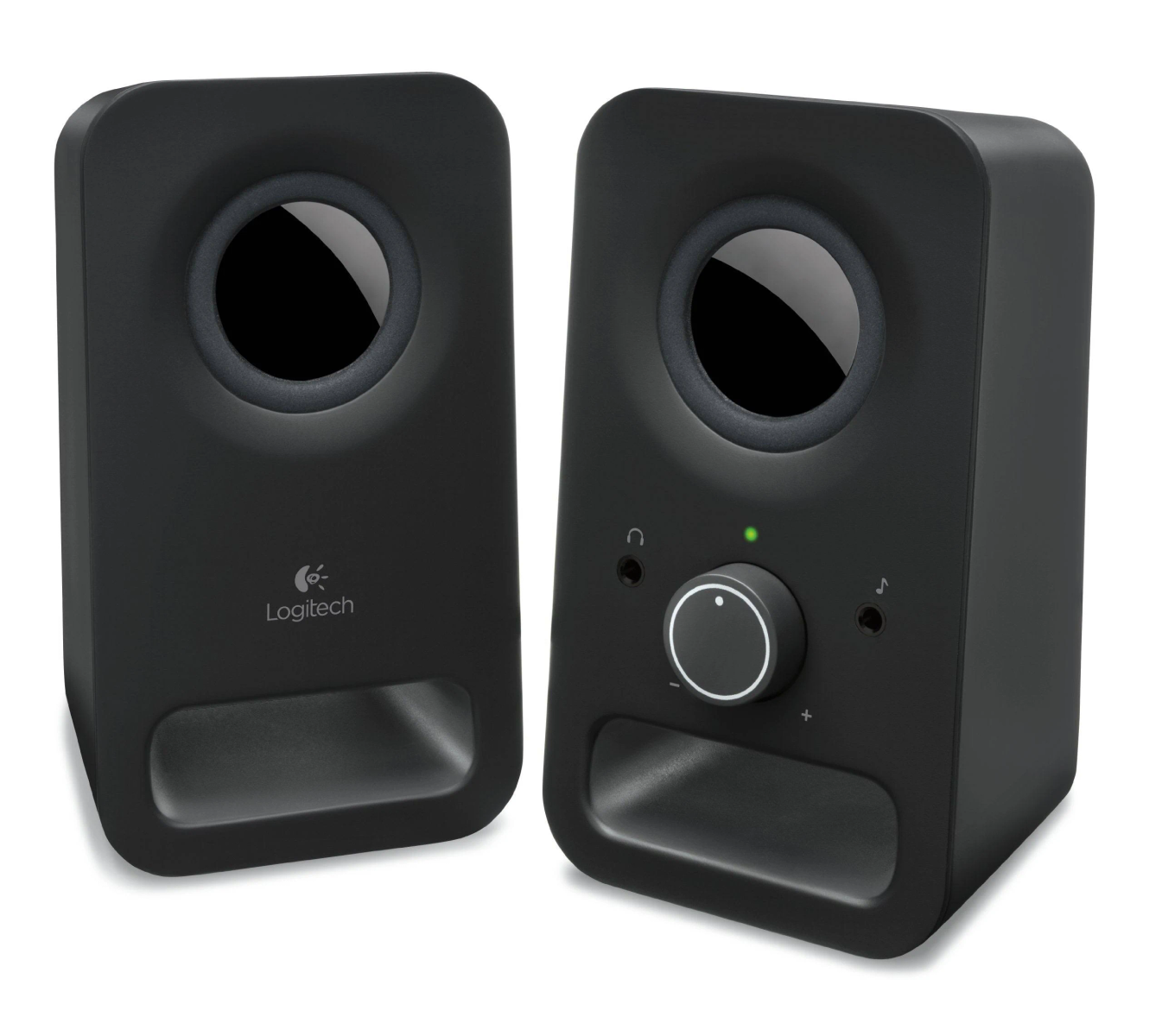 Dos altavoces negros Logitech. Uno tiene control de volumen, el otro no. Ambos tienen una rejilla.