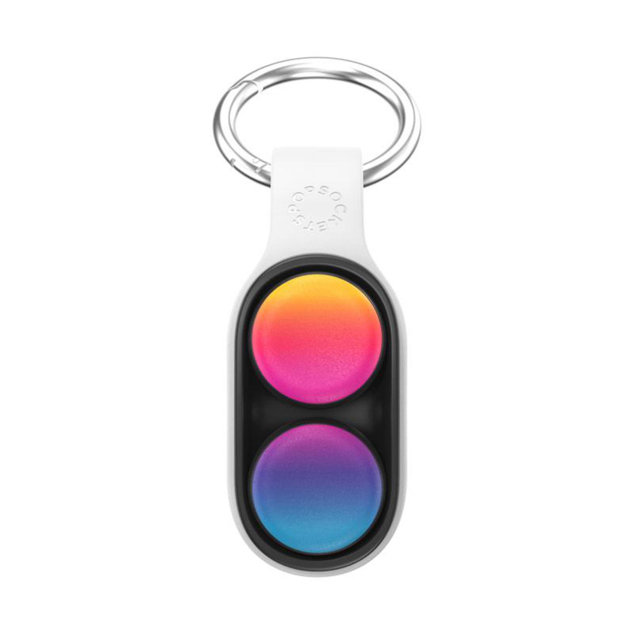 Etichetta PopSockets bianca con anello argentato e due pulsanti con gradiente di colore.