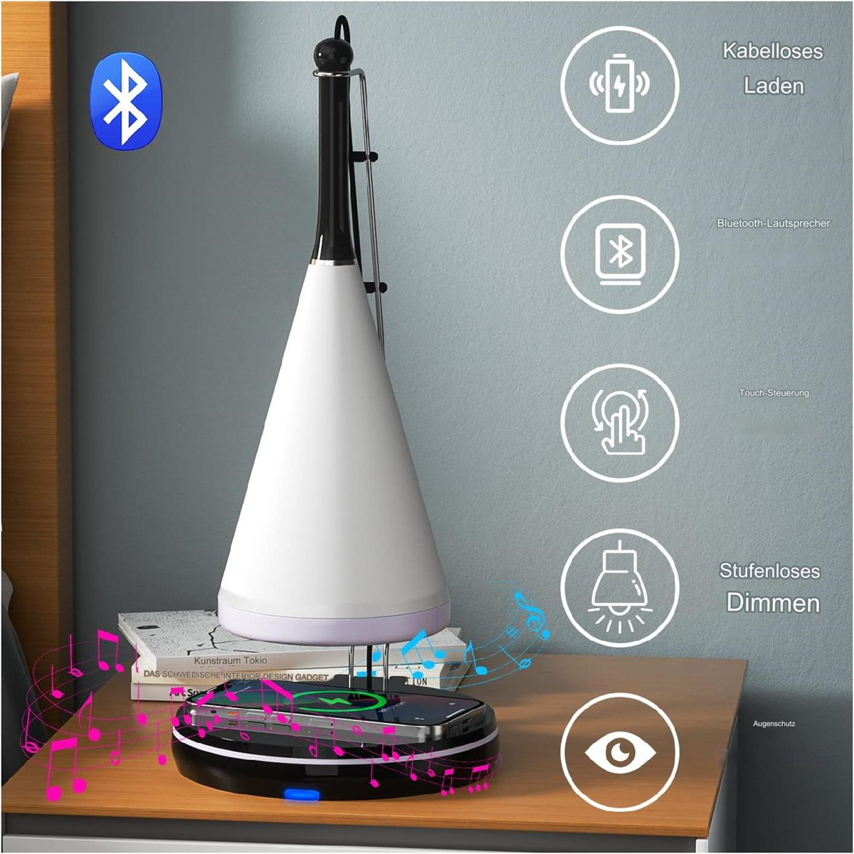 Lampe mit kabellosem Ladegerät auf einem Nachttisch. Symbole zeigen Funktionen an.