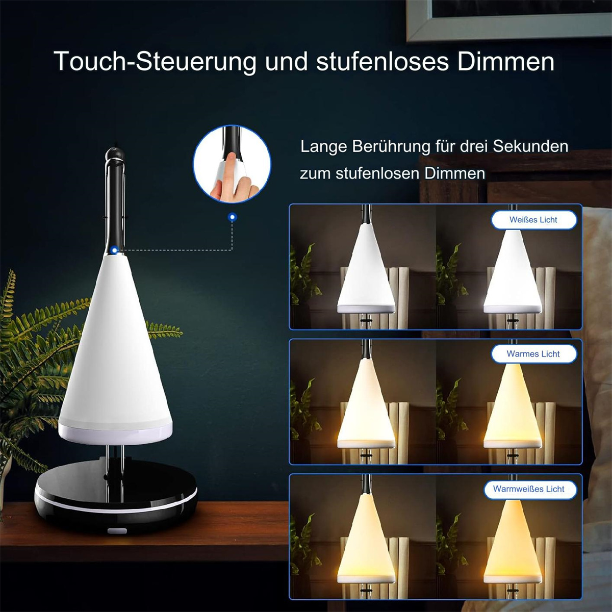 Tischlampe mit drei Lichteinstellungen und Touch-Steuerung auf schwarzem Sockel.
