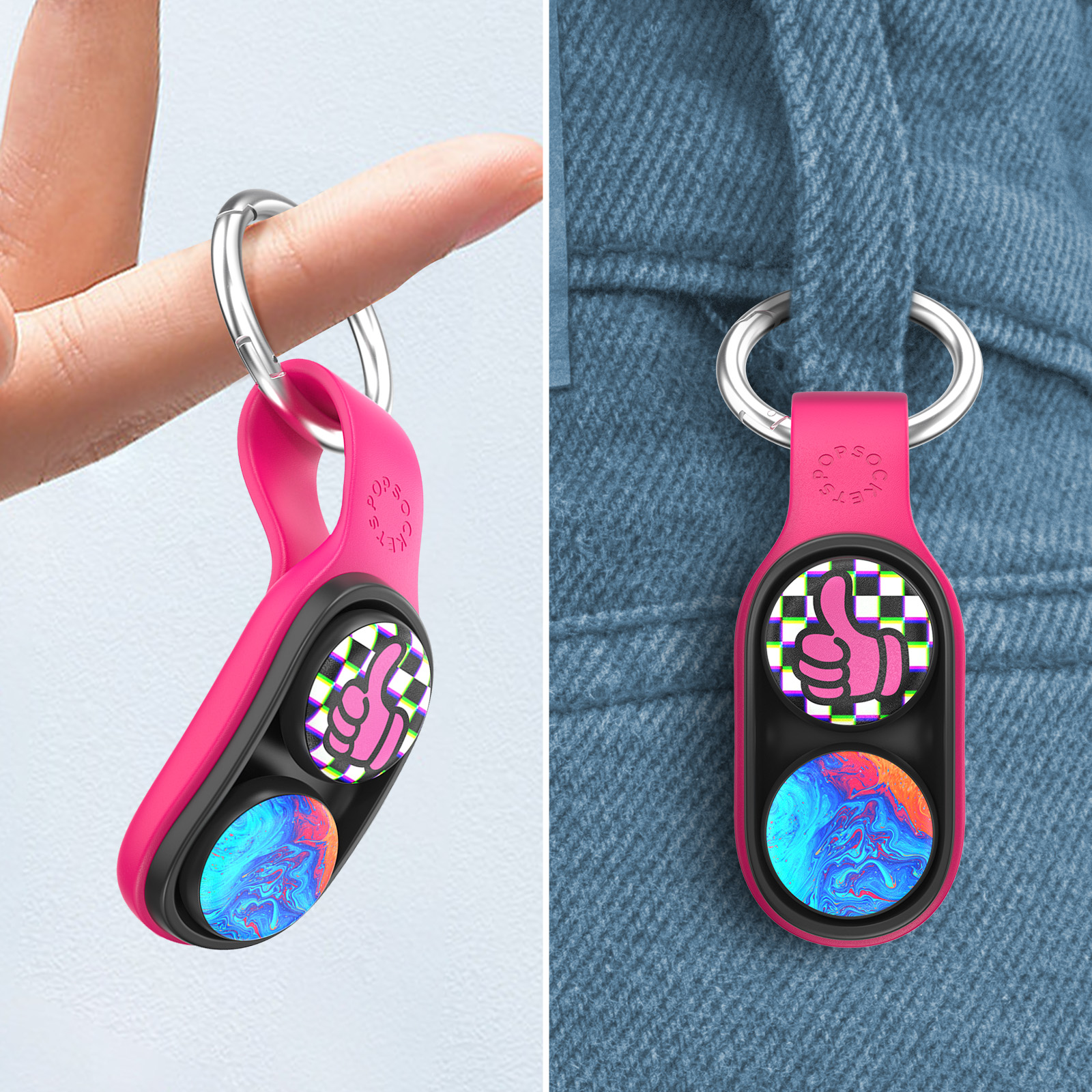 Due immagini: Portachiavi con anello argentato, etichetta rosa e pulsanti con pollice su e motivi a vortice. Uno tenuto da un dito, l'altro su jeans.