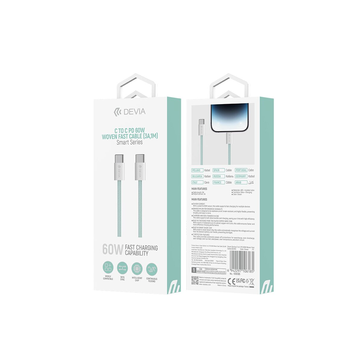 Zweiseitige weiße Box mit Kabel und Produktinformationen.