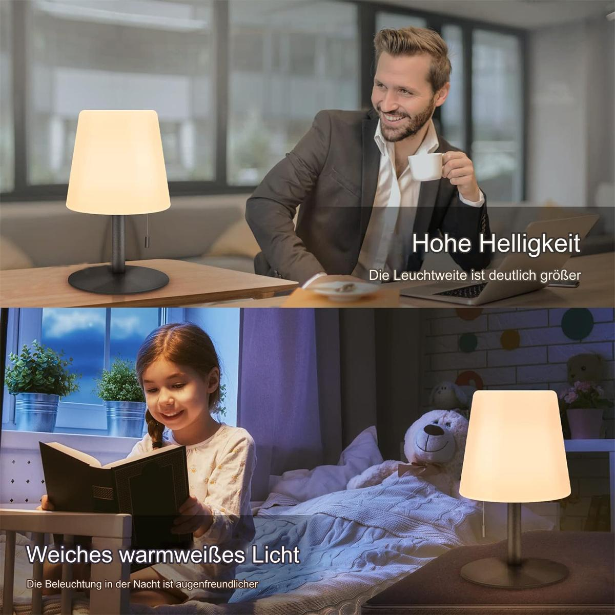 Mann mit Kaffee und Schreibtischlampe, Mädchen liest mit Lampe im Schlafzimmer, helles Licht.