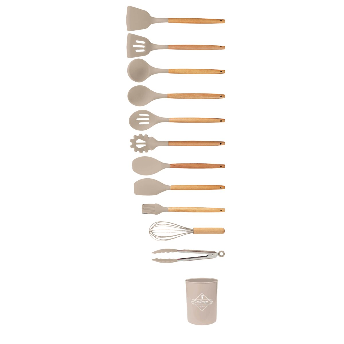 Küchenutensilien-Set: Spatel, Löffel, Schöpflöffel, Schneebesen, Zange und Halter.