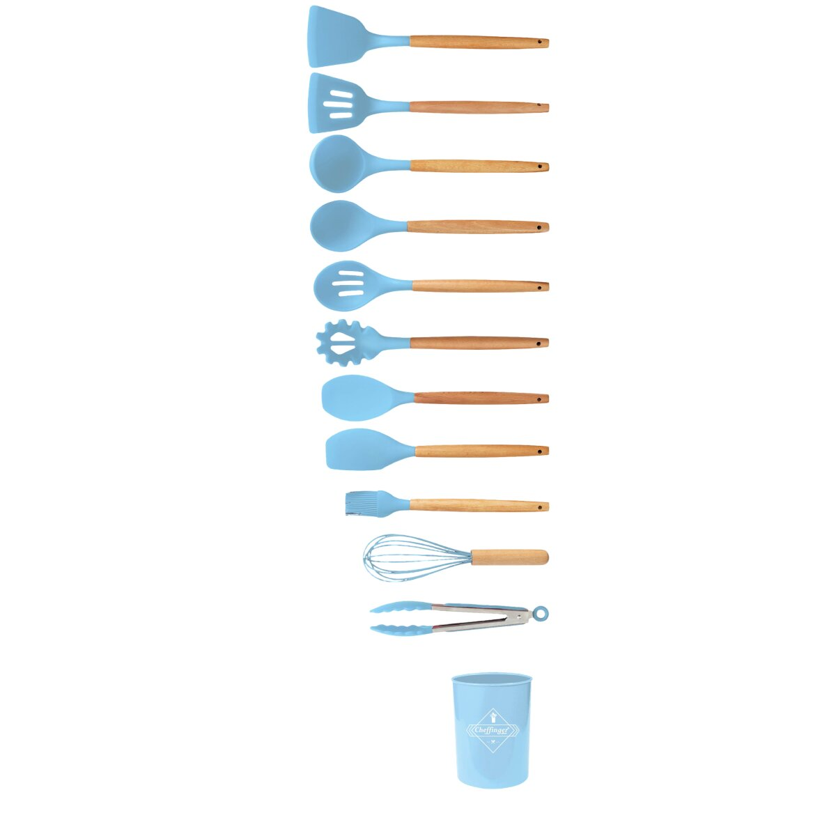 Set aus blauen Küchenutensilien mit Holzgriffen. Beinhaltet Spatel, Löffel, einen Schneebesen und Zangen.