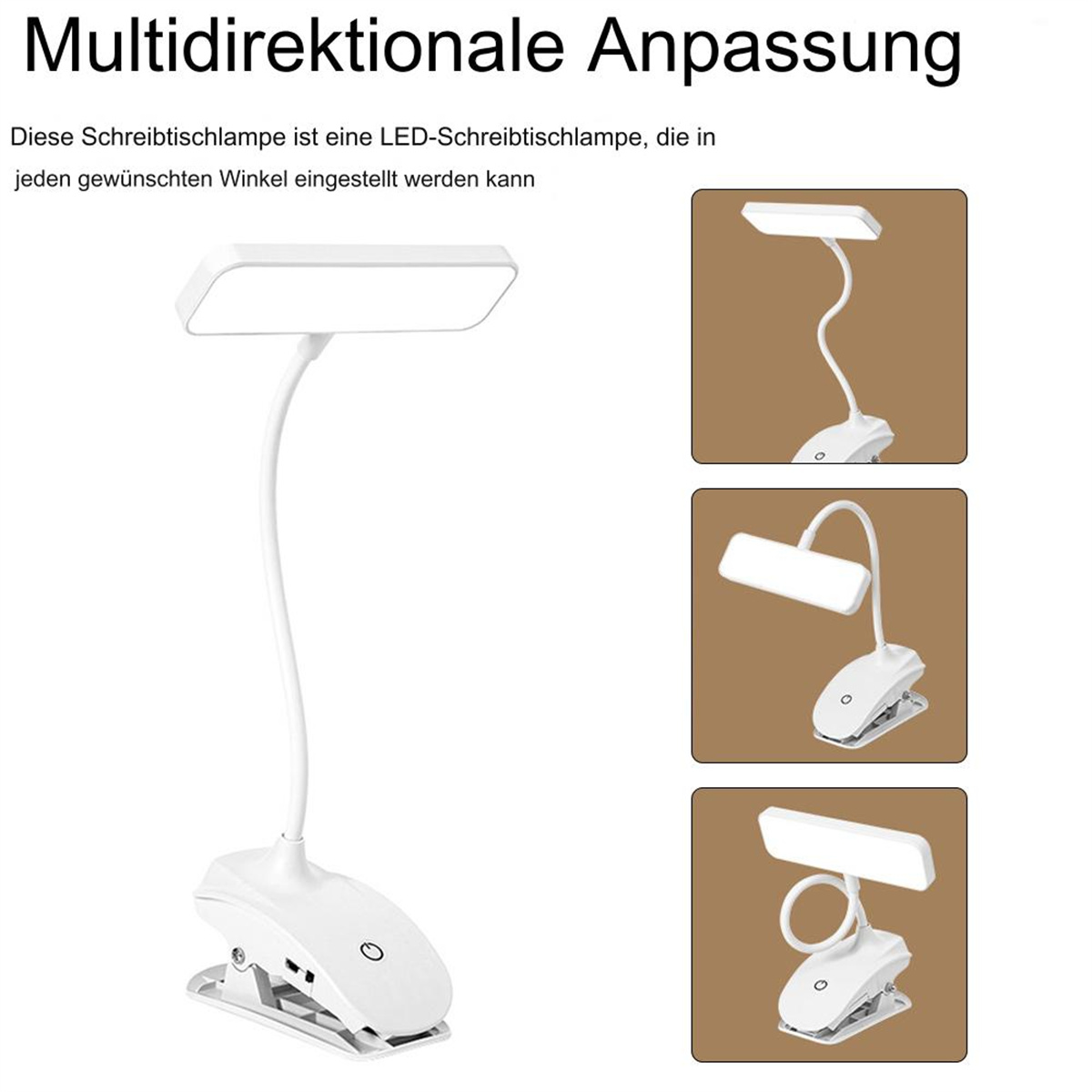 Weiße LED-Schreibtischlampe mit verstellbarem Arm und Beispiele für verschiedene Positionen auf weißem Hintergrund.