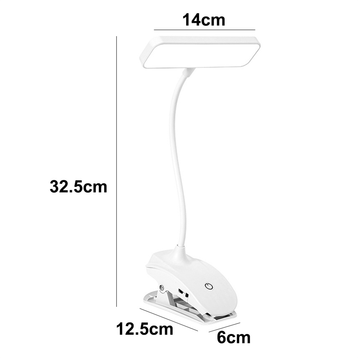 Eine weiße Klemm-Schreibtischlampe mit den Maßen: 14 cm, 32,5 cm, 12,5 cm und 6 cm.
