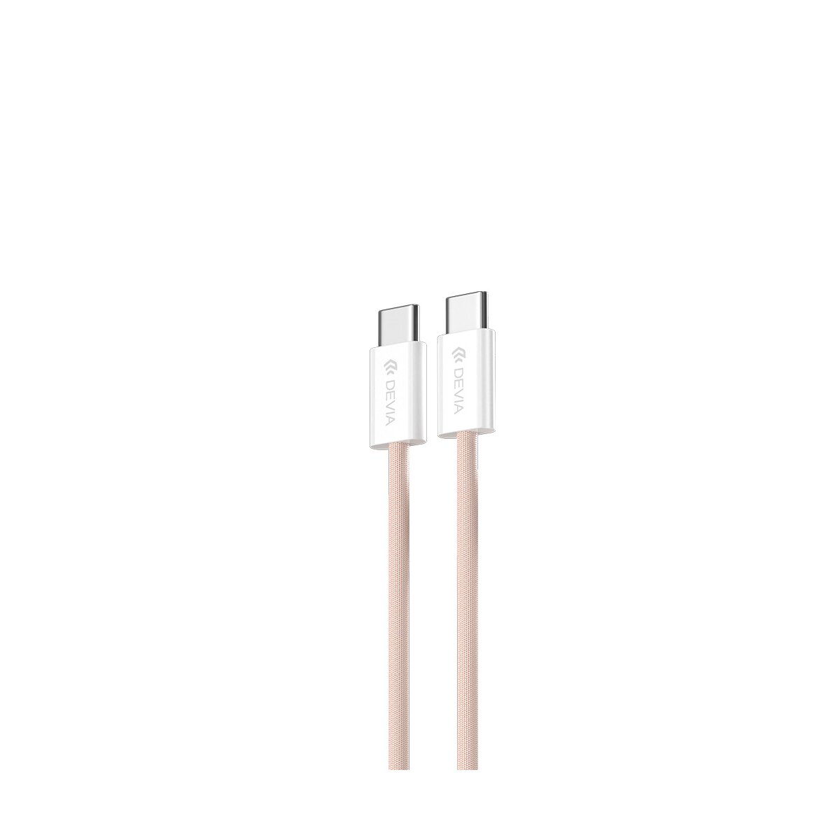 Zwei weiße und rosa Devia-Ladekabel nebeneinander vor weißem Hintergrund.