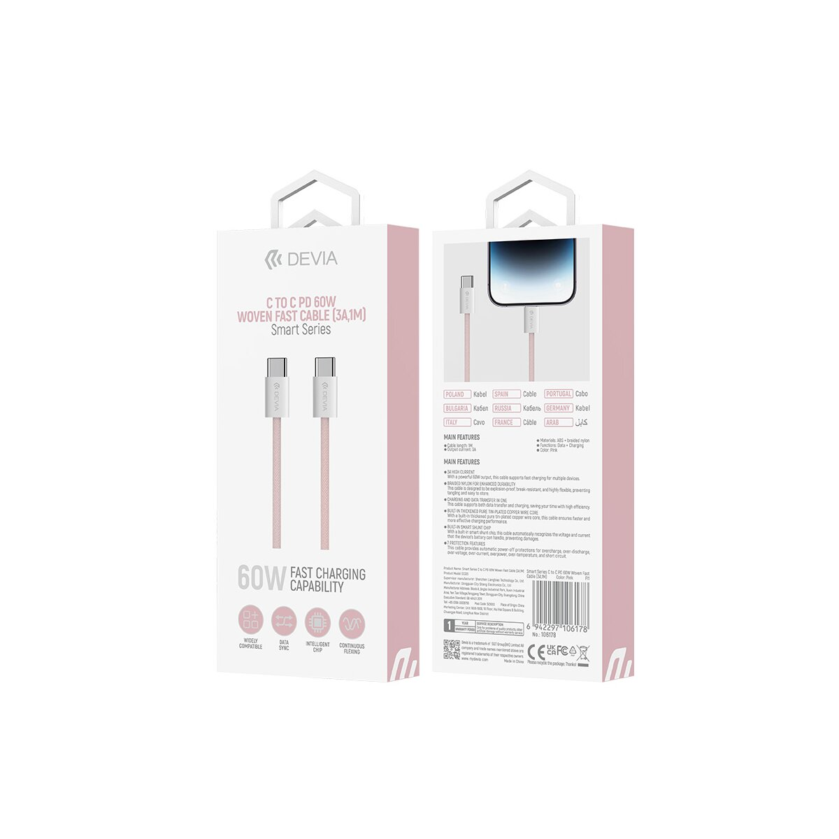 Eine pinkfarbene Ladekabelschachtel mit Produktdetails und einer Smartphone-Grafik.