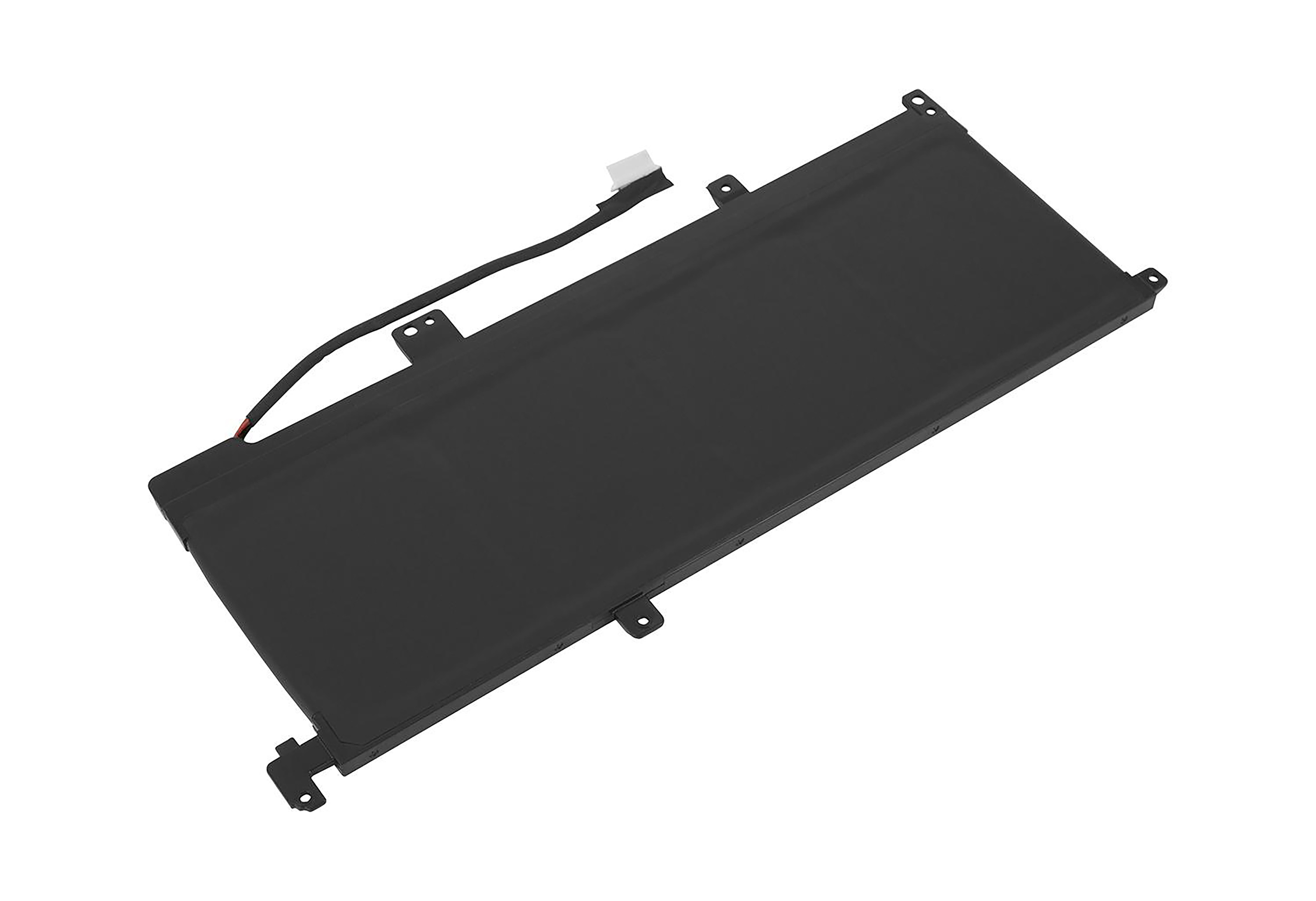 Schwarzer Laptop-Akku auf weißem Untergrund. Er hat einen Stecker oben und Befestigungslöcher.