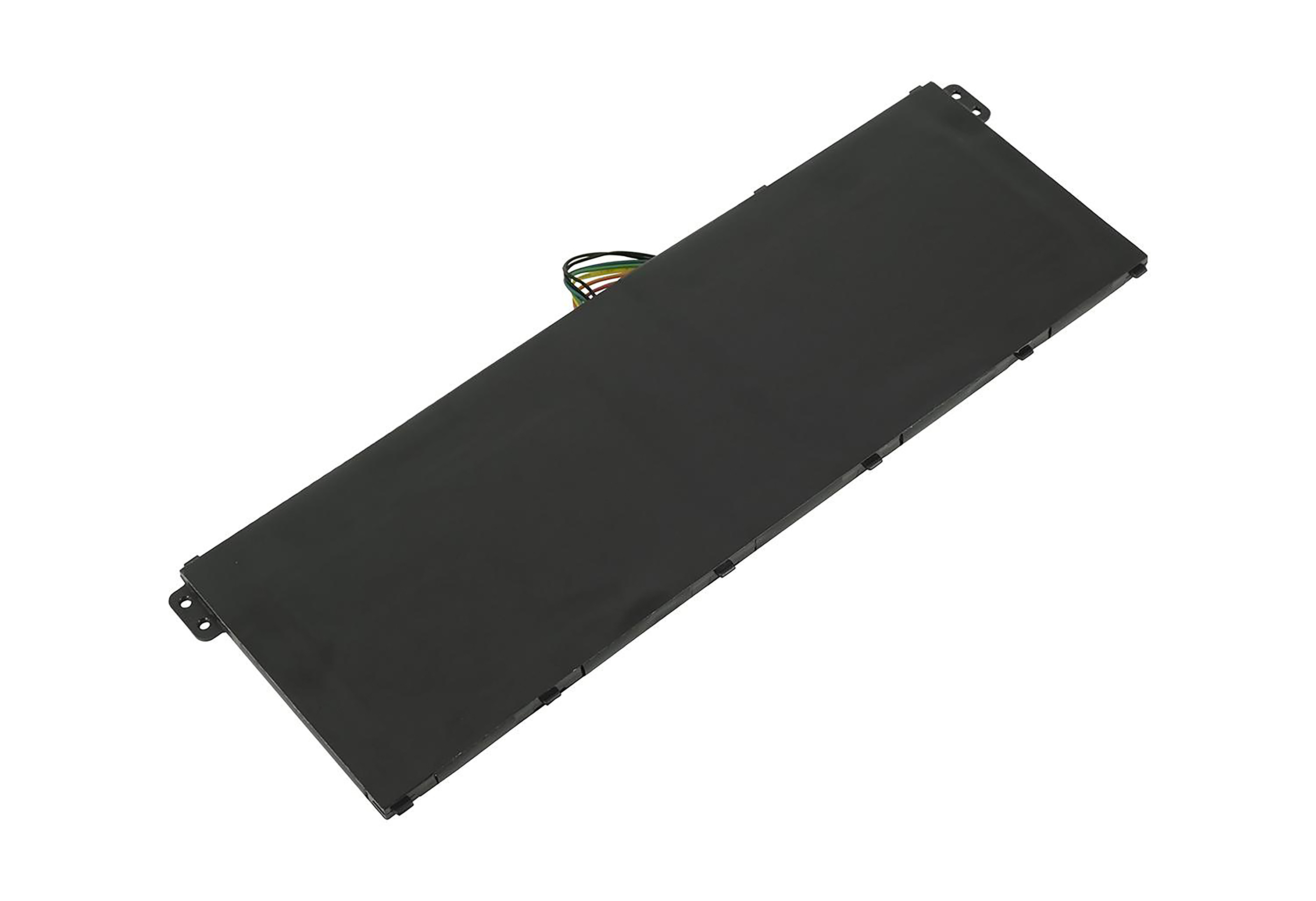 Ein schwarzer, rechteckiger Laptop-Akku mit einem mehrfarbigen Drahtanschluss, isoliert auf weißem Hintergrund.
