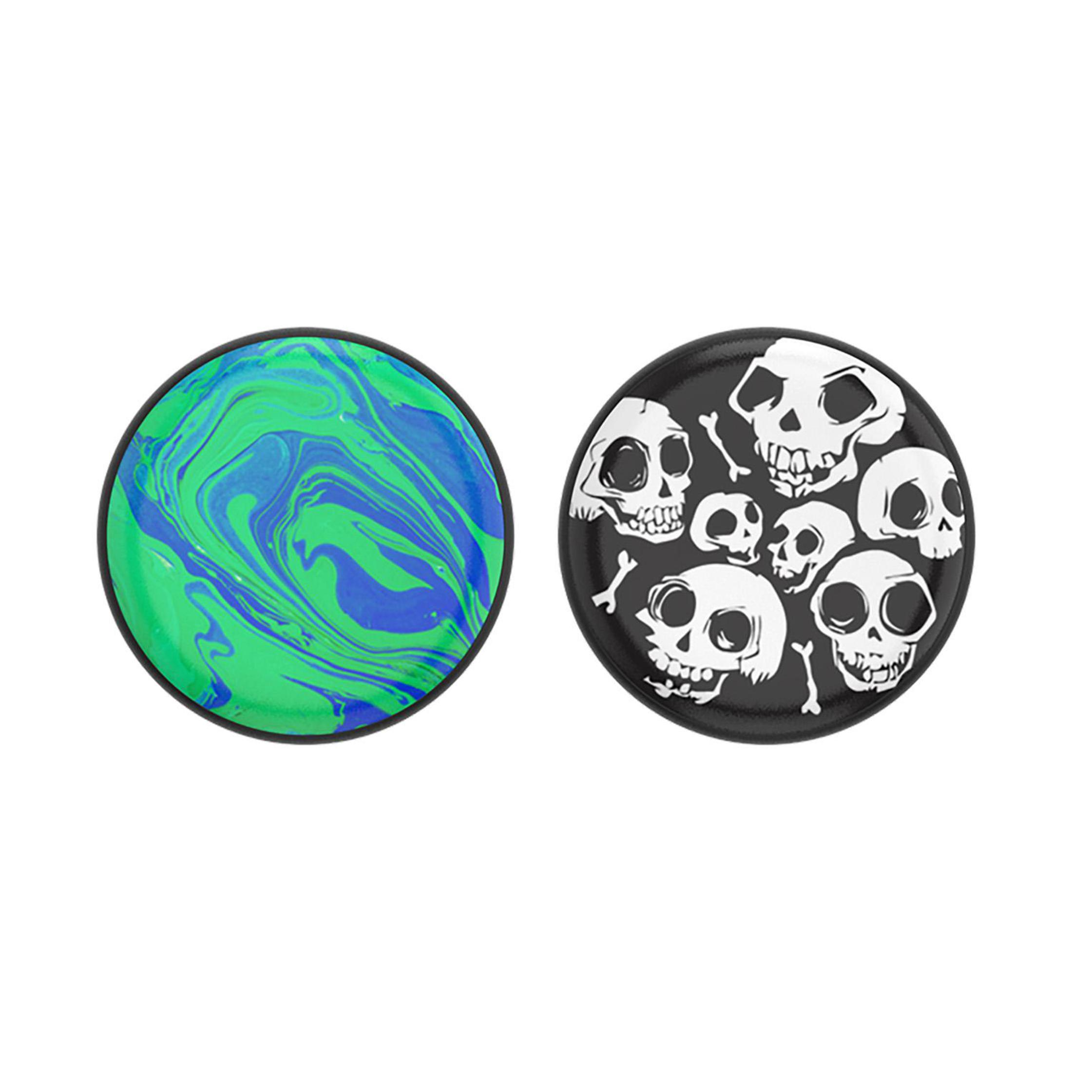 Due inserti rotondi. Uno ha un motivo a spirale verde e blu. L'altro mostra teschi su sfondo nero.