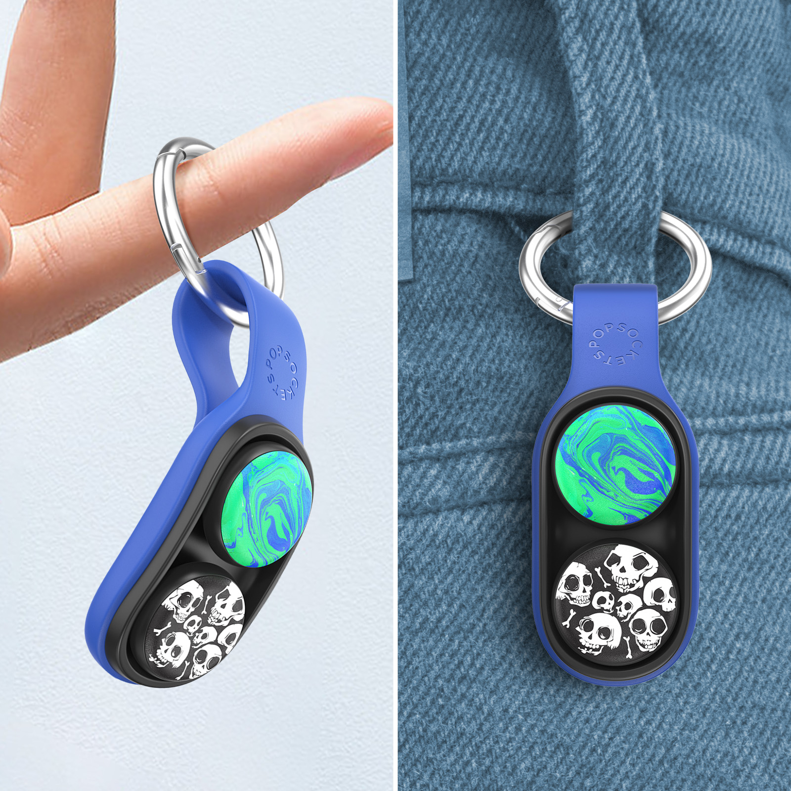 Portachiavi con giocattolo fidget blu e nero con design a spirale e immagini di teschi.