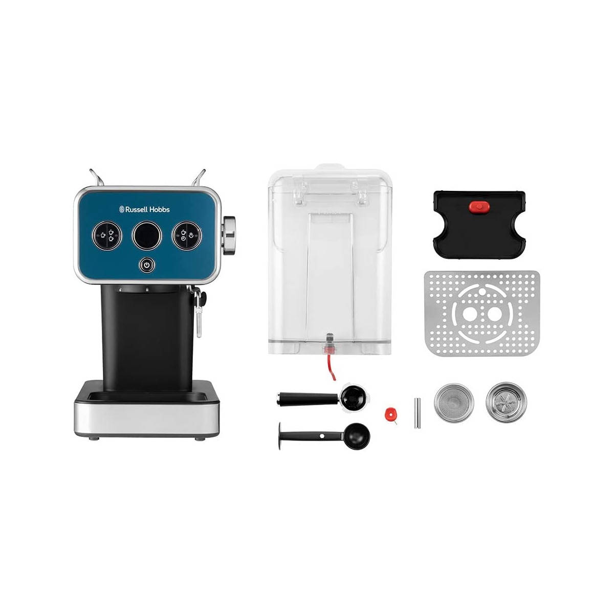 Explosionszeichnung einer Russell Hobbs Kaffeemaschine. Enthält Wassertank und andere Komponenten.