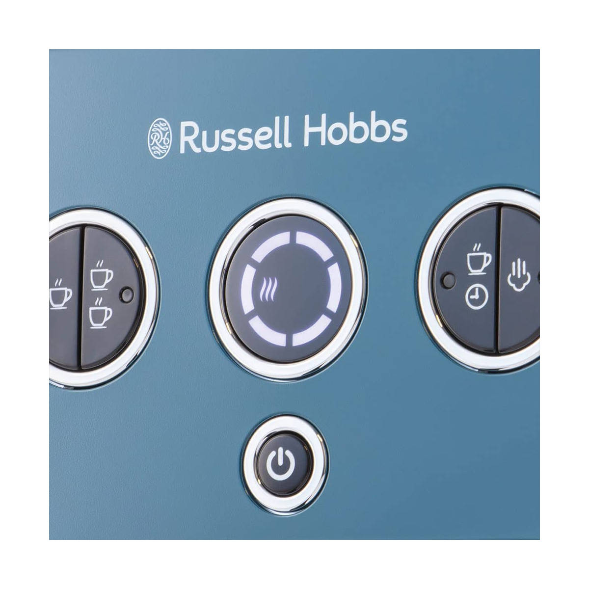 Nahaufnahme von Russell Hobbs Kaffeemaschinenknöpfen auf blauer Oberfläche.