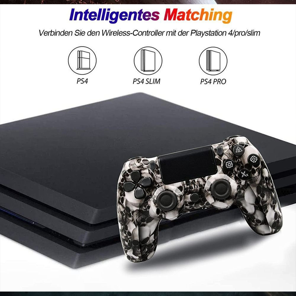 PlayStation 4 Konsole mit Controller mit Totenkopfmuster und Text zur Anpassung.