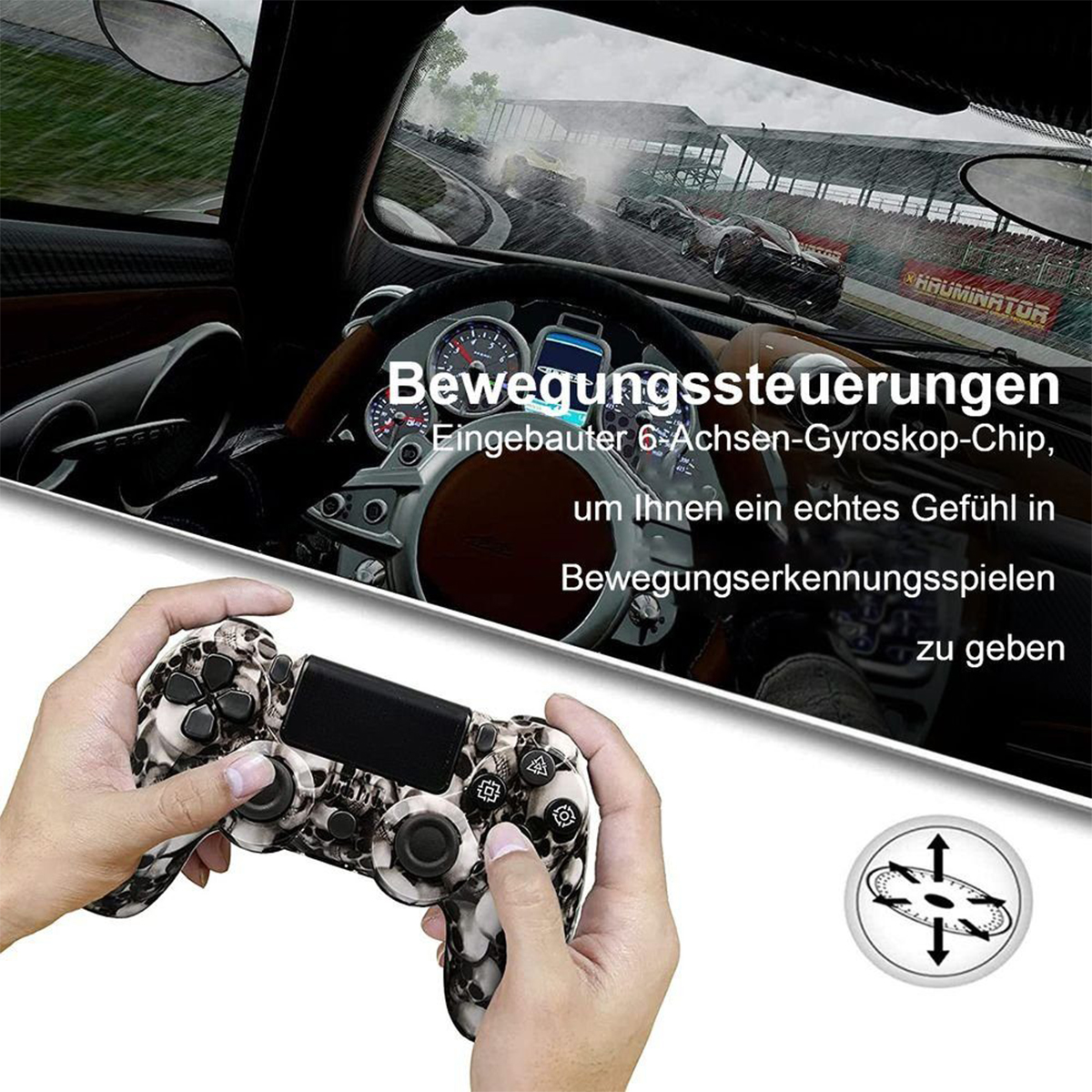 Hände halten einen Gaming-Controller mit Schädeldesign. Rennspiel im Hintergrund.