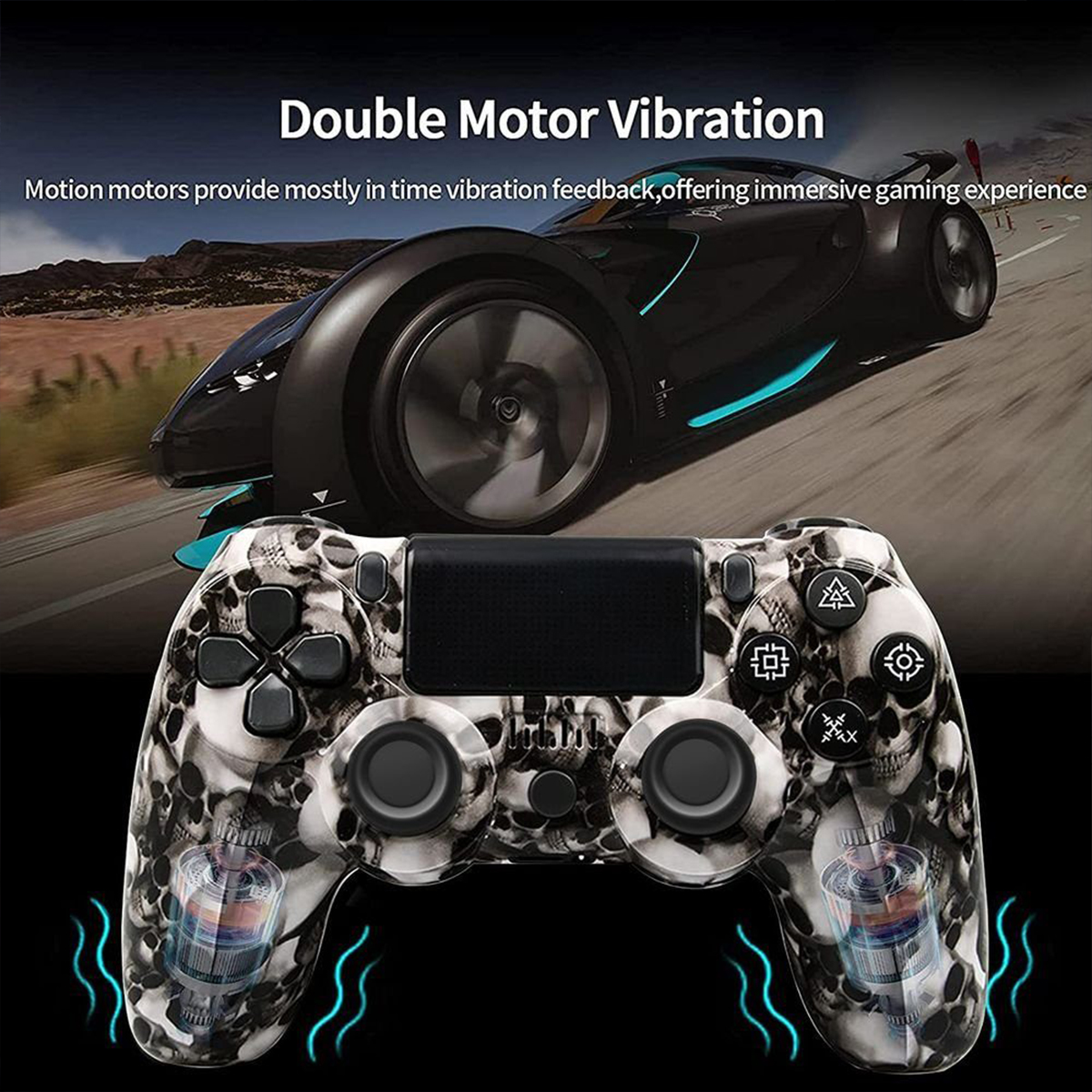 Ein schwarz-weißer Gamecontroller im Schädel-Design mit einer Auto-Grafik im Hintergrund.