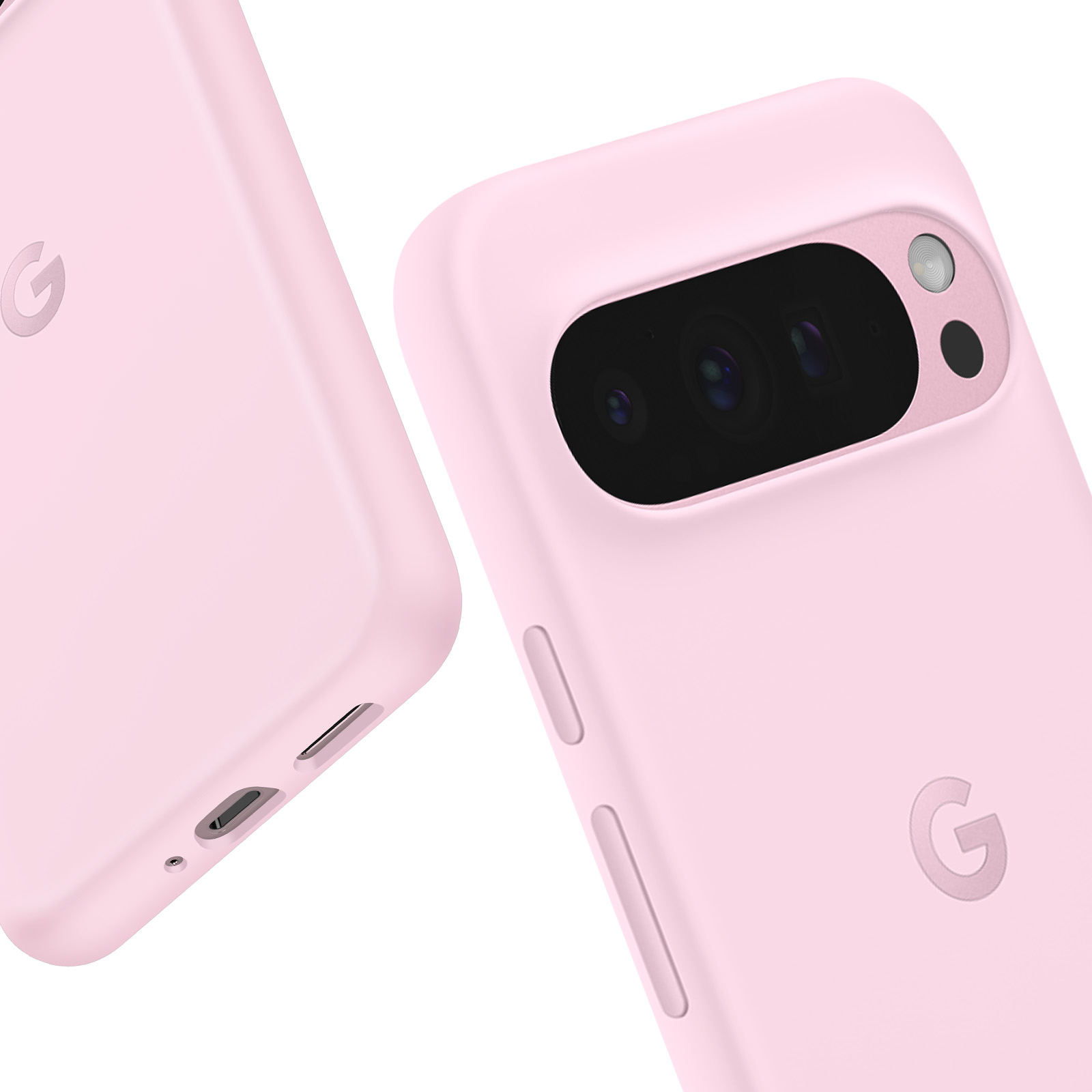 Primo piano di due custodie rosa per telefono, che mostrano ritagli per la fotocamera e il logo 'G' di Google. Sfondo bianco.