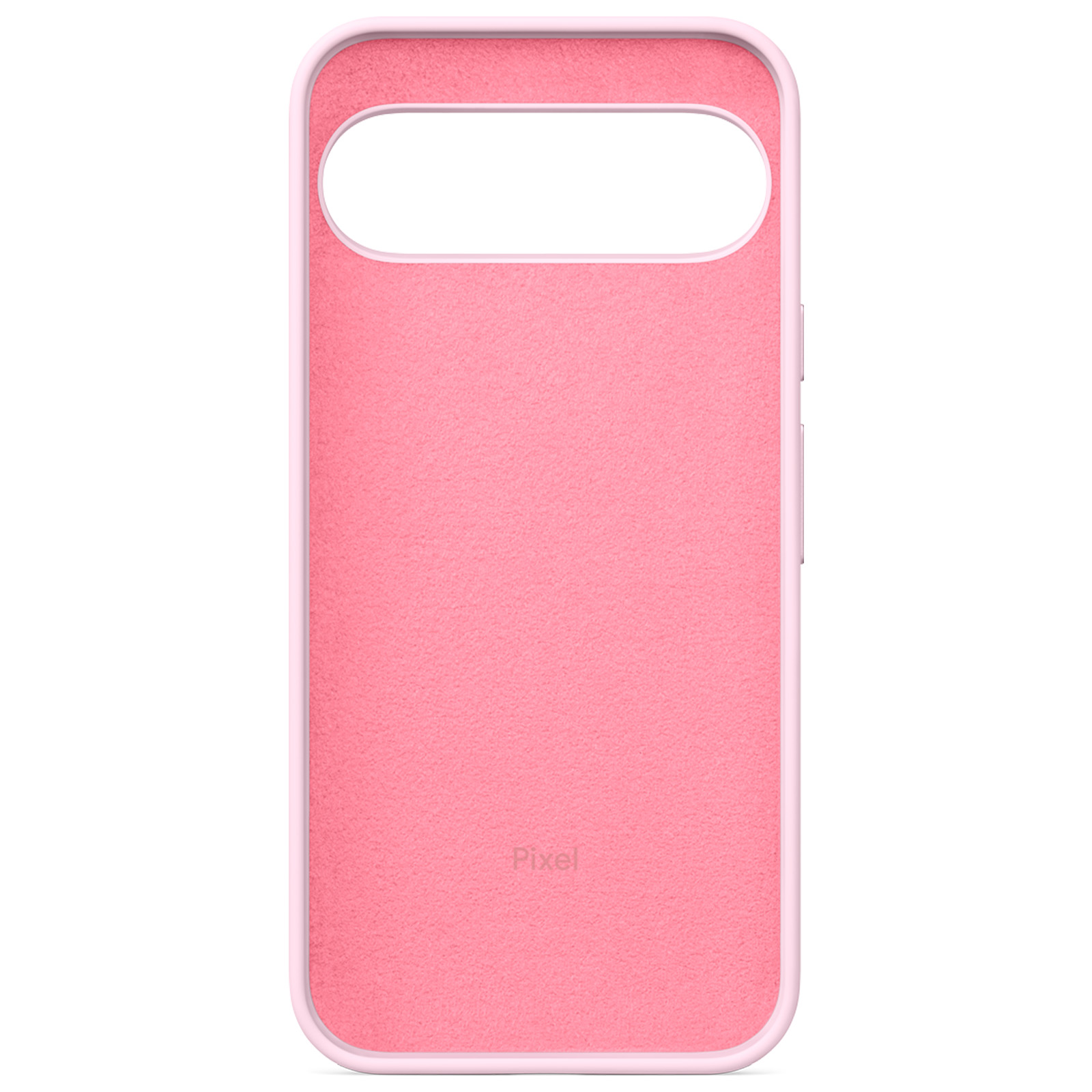 Una custodia per telefono rosa con un'apertura per la fotocamera. L'interno ha una superficie strutturata con la parola 'Pixel'.