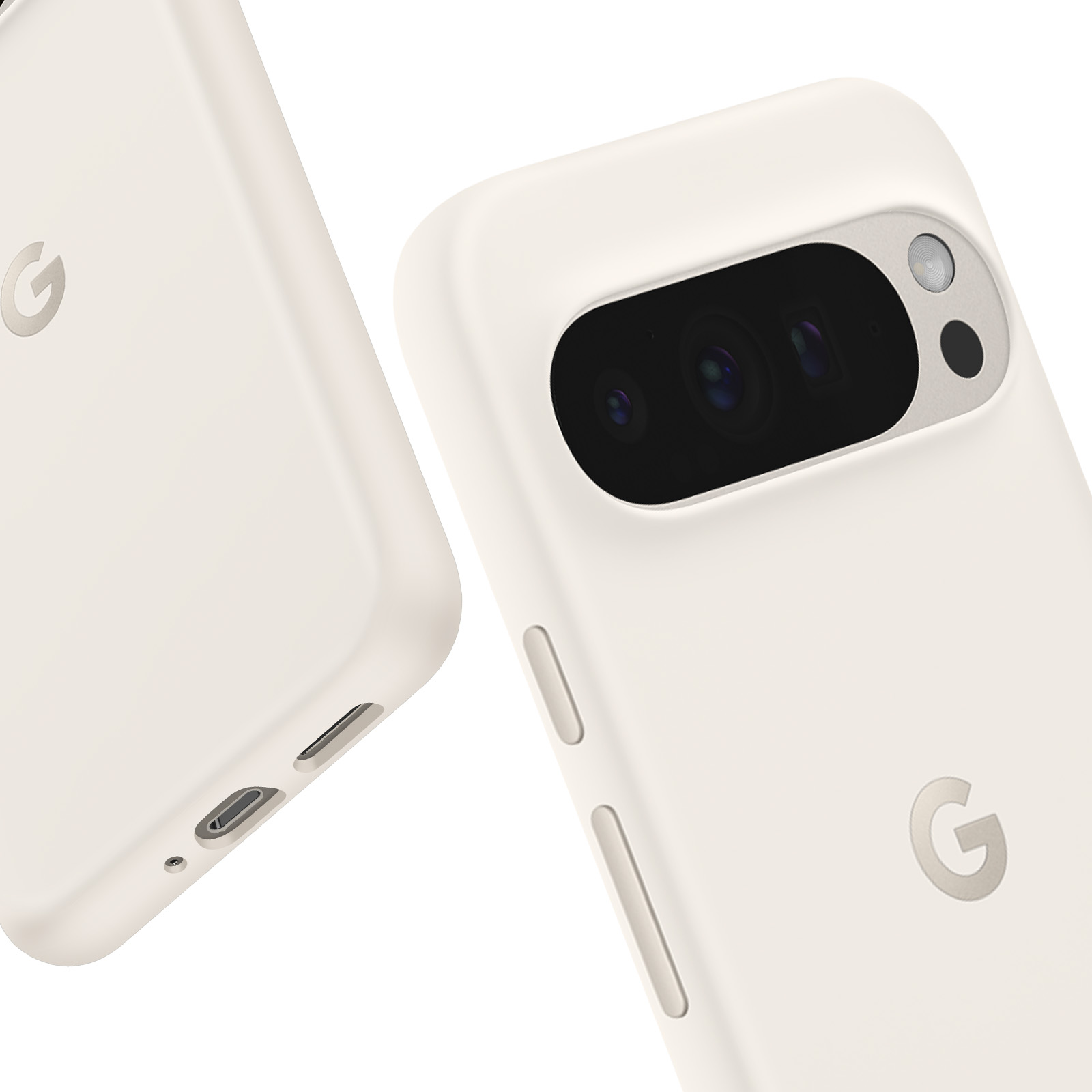 Dos fundas blancas para teléfono Google Pixel, la derecha mostrando el conjunto de cámaras.