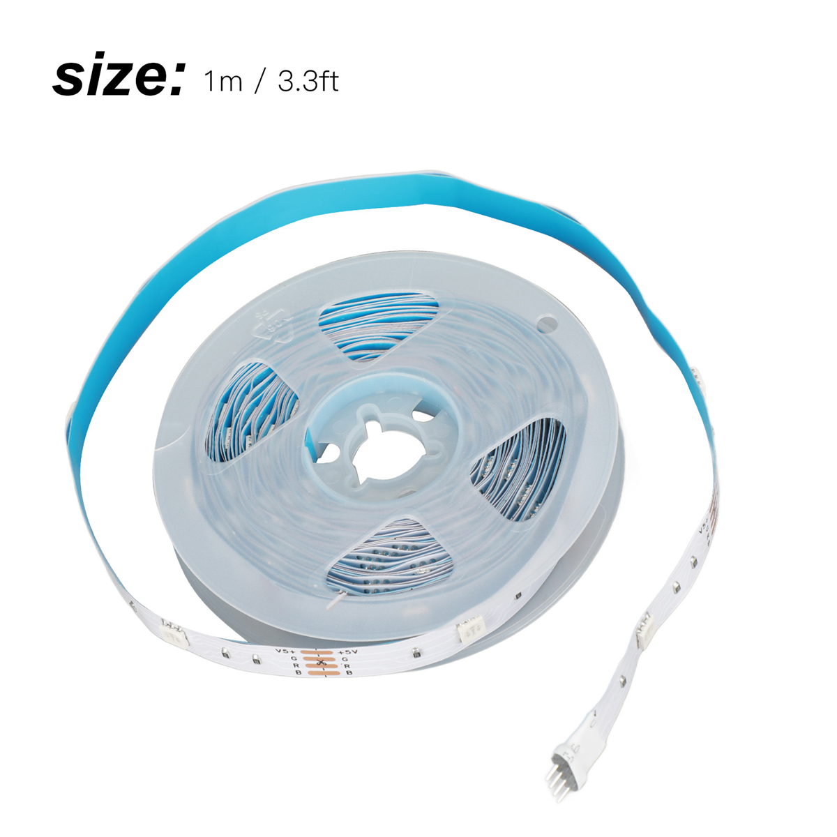 LED-Lichtstreifen auf einer Rolle. Text: Größe: 1m / 3,3ft. Blaue und weiße LEDs.
