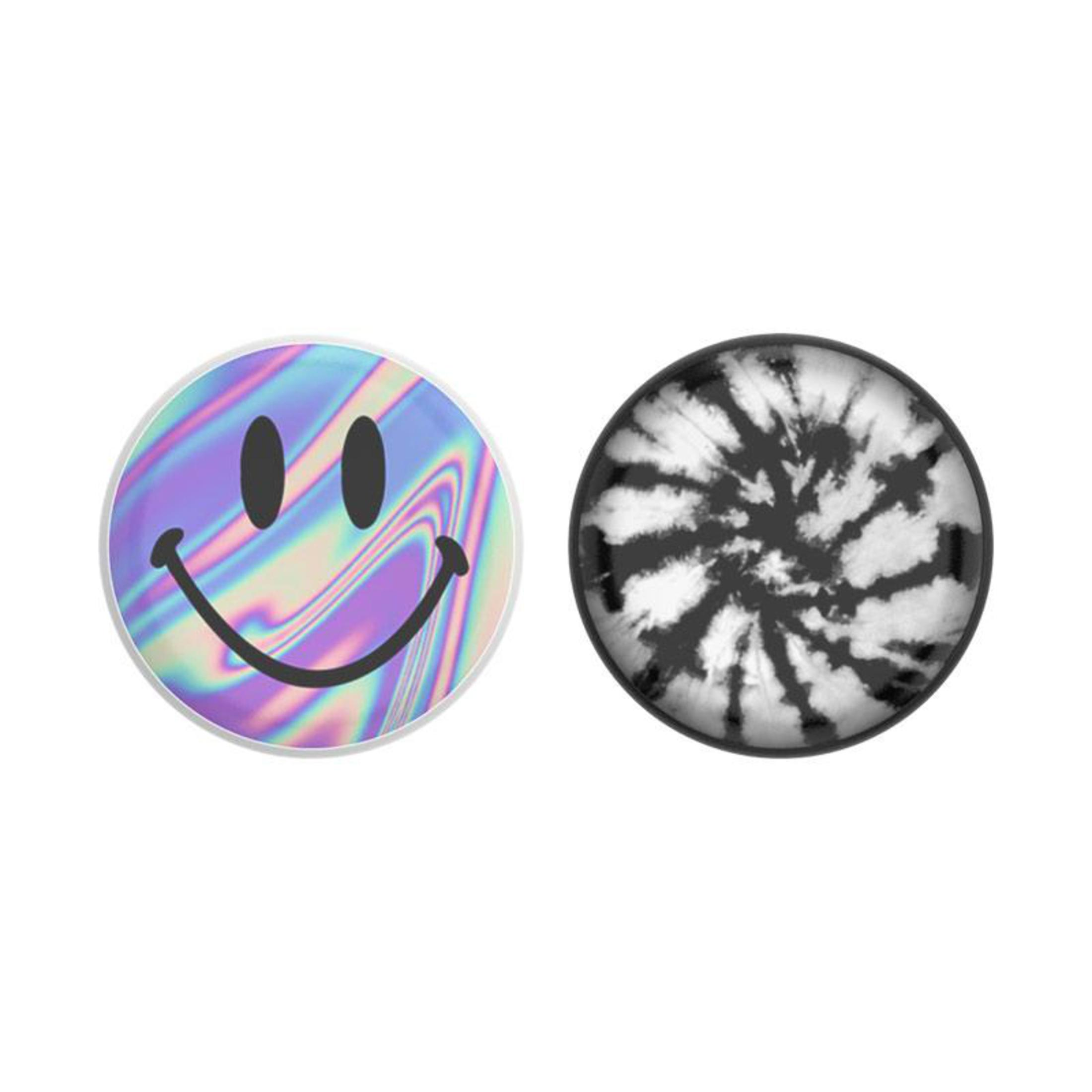 Due oggetti circolari, uno con un design a faccina sorridente, l'altro con un motivo tie-dye.