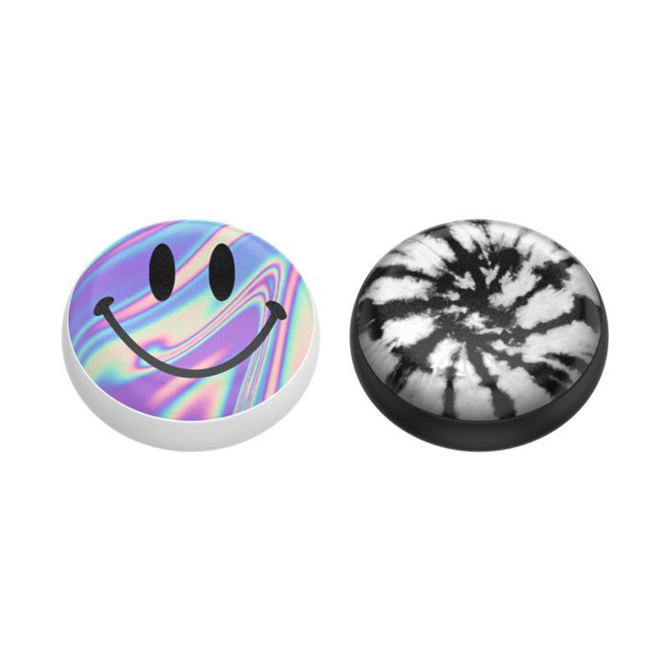 Due oggetti circolari, uno con una faccina sorridente, l'altro con un motivo tie-dye.