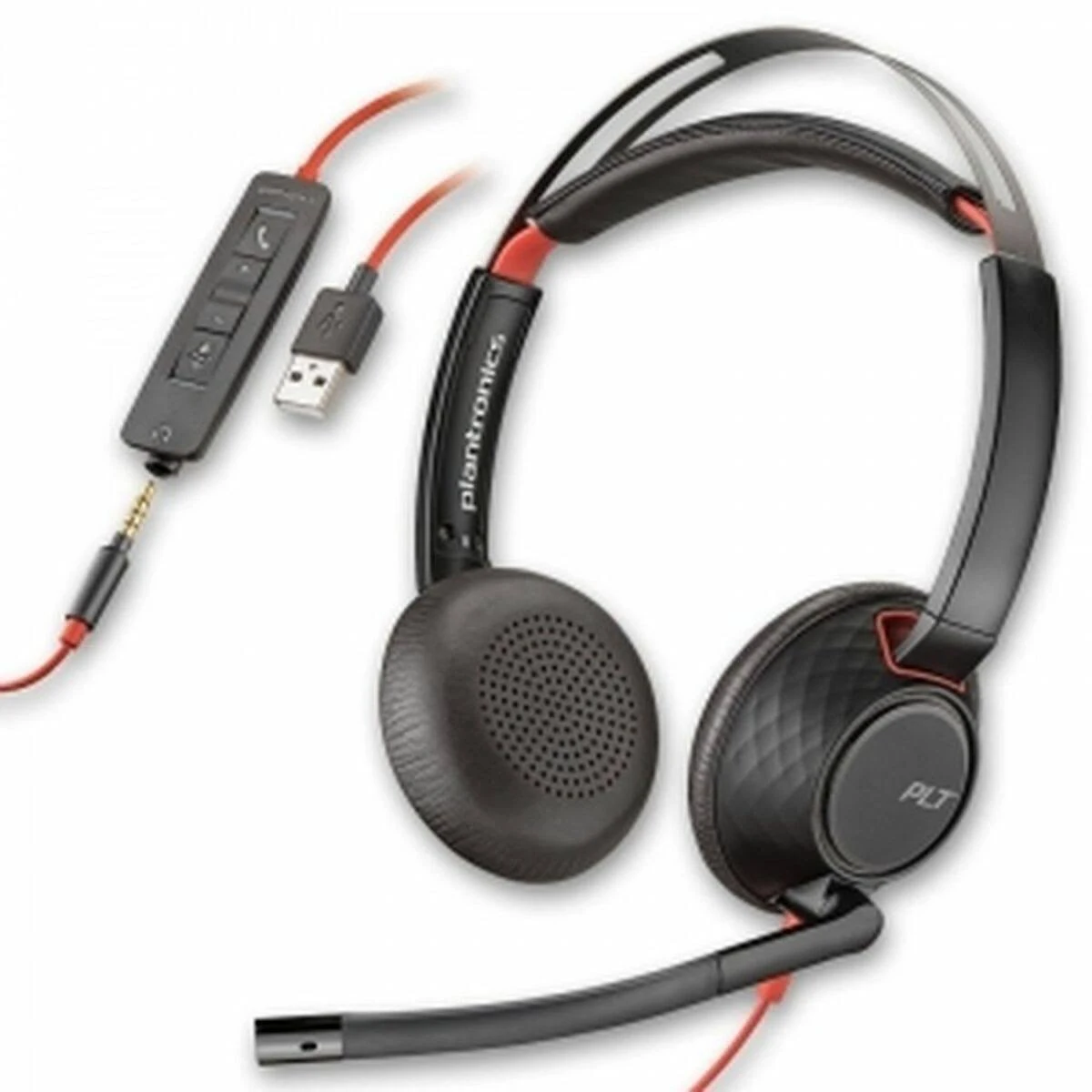 Un auricular Plantronics negro y rojo con micrófono y conector USB y 3,5 mm.