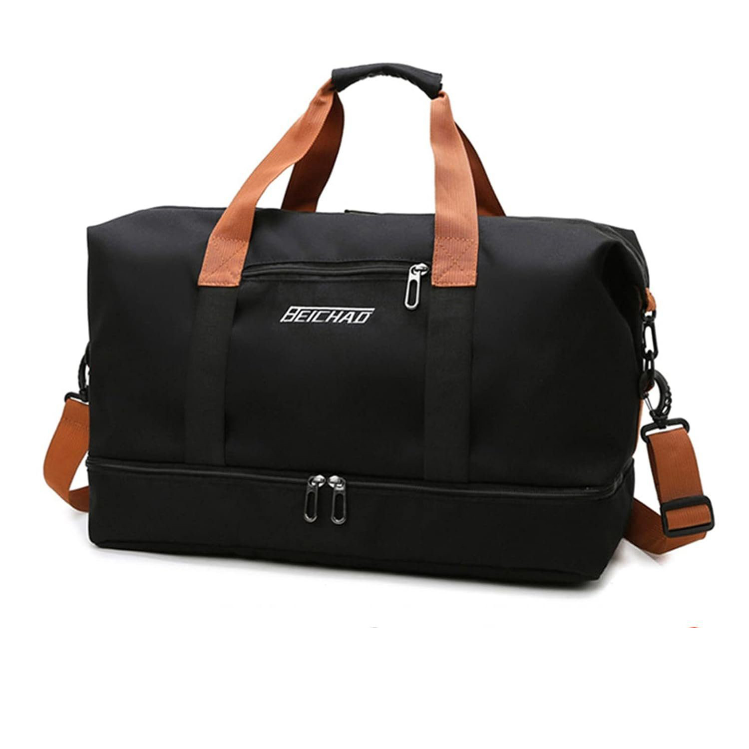 Schwarze Reisetasche mit braunen Griffen und Schultergurt.