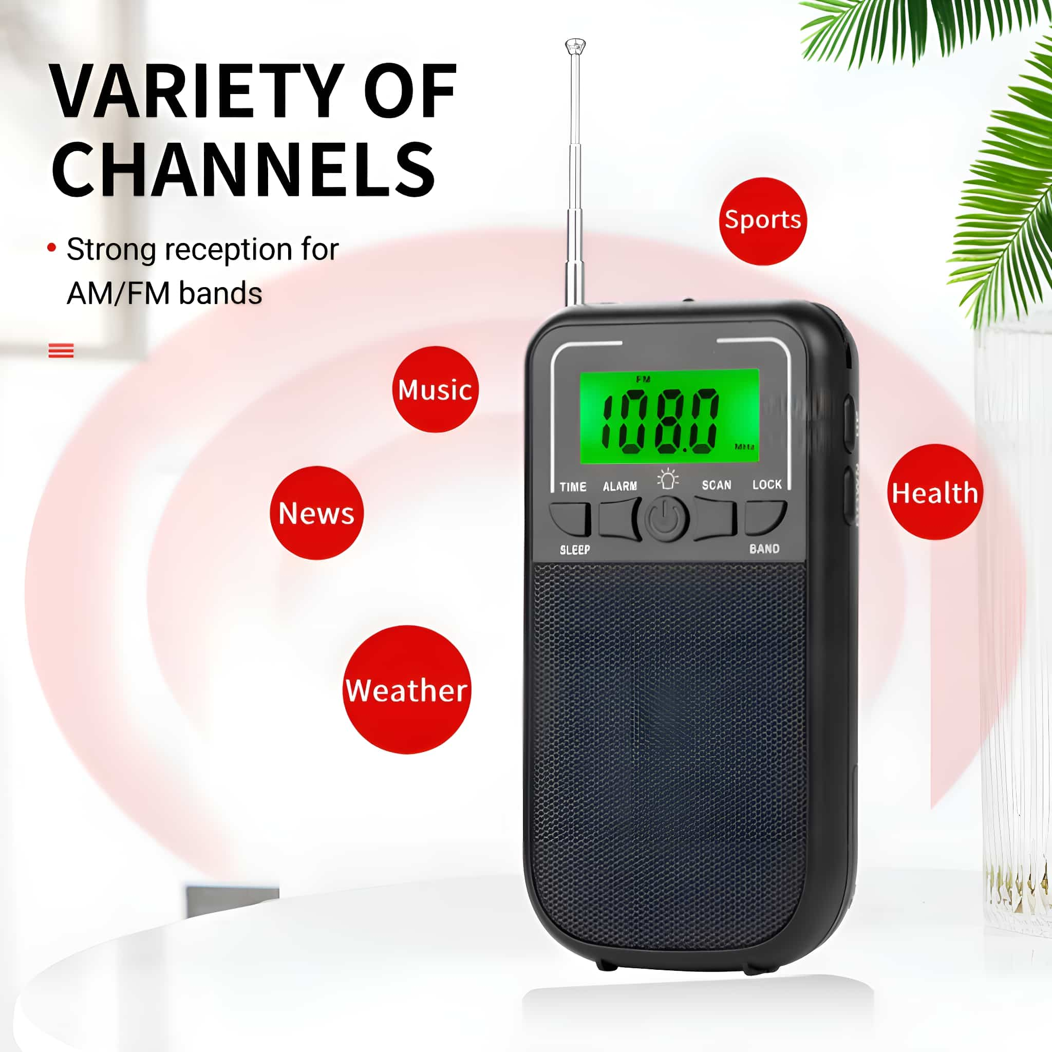 Schwarzes Radio mit Digitalanzeige, die 108,0 MHz anzeigt, umgeben von Beschriftungen für Musik, Nachrichten, Wetter, Sport.