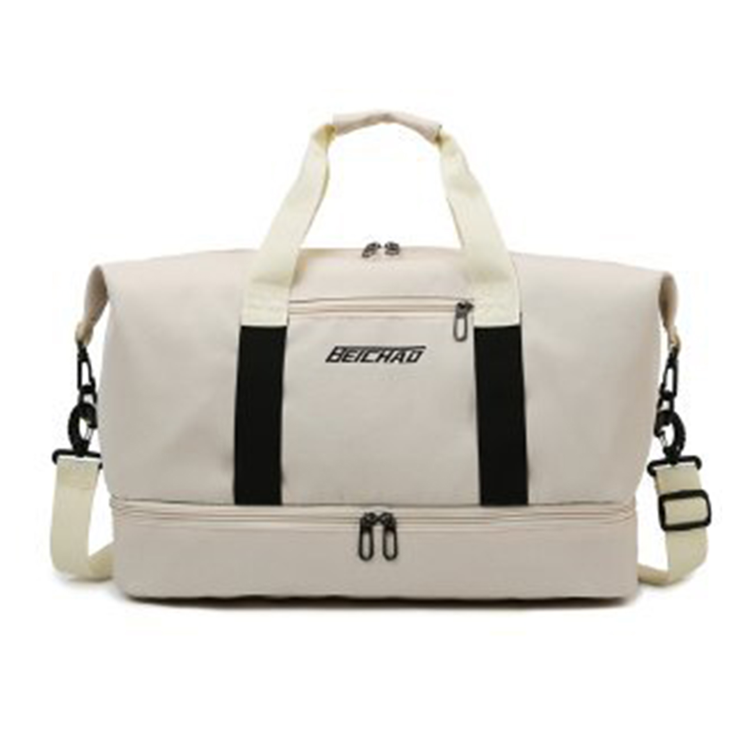 Beige Reisetasche mit schwarzen Akzenten und weißem Schulterriemen, weißer Hintergrund.