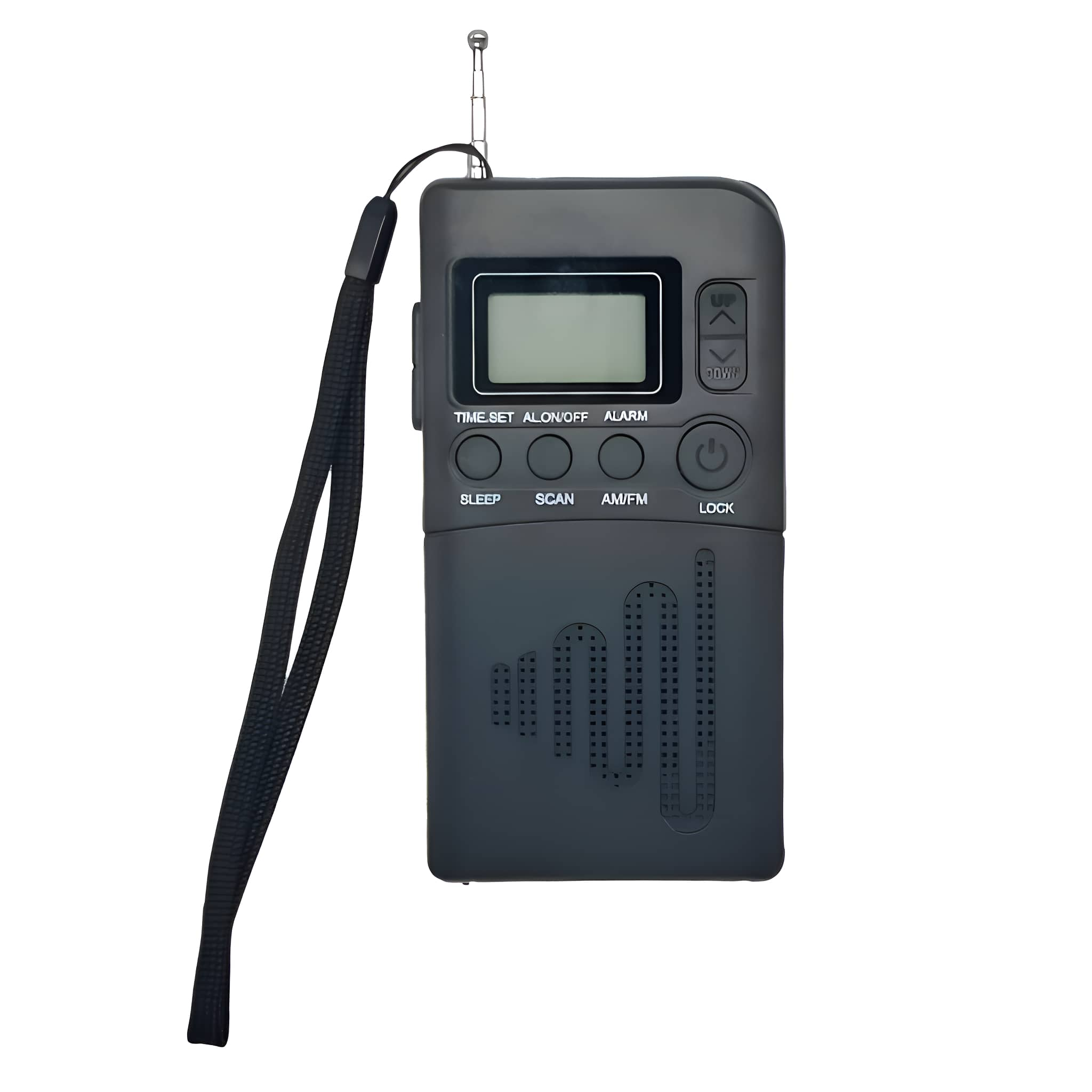 Ein dunkelgraues tragbares Radio mit Display, Knöpfen und einem schwarzen Gurt vor weißem Hintergrund.