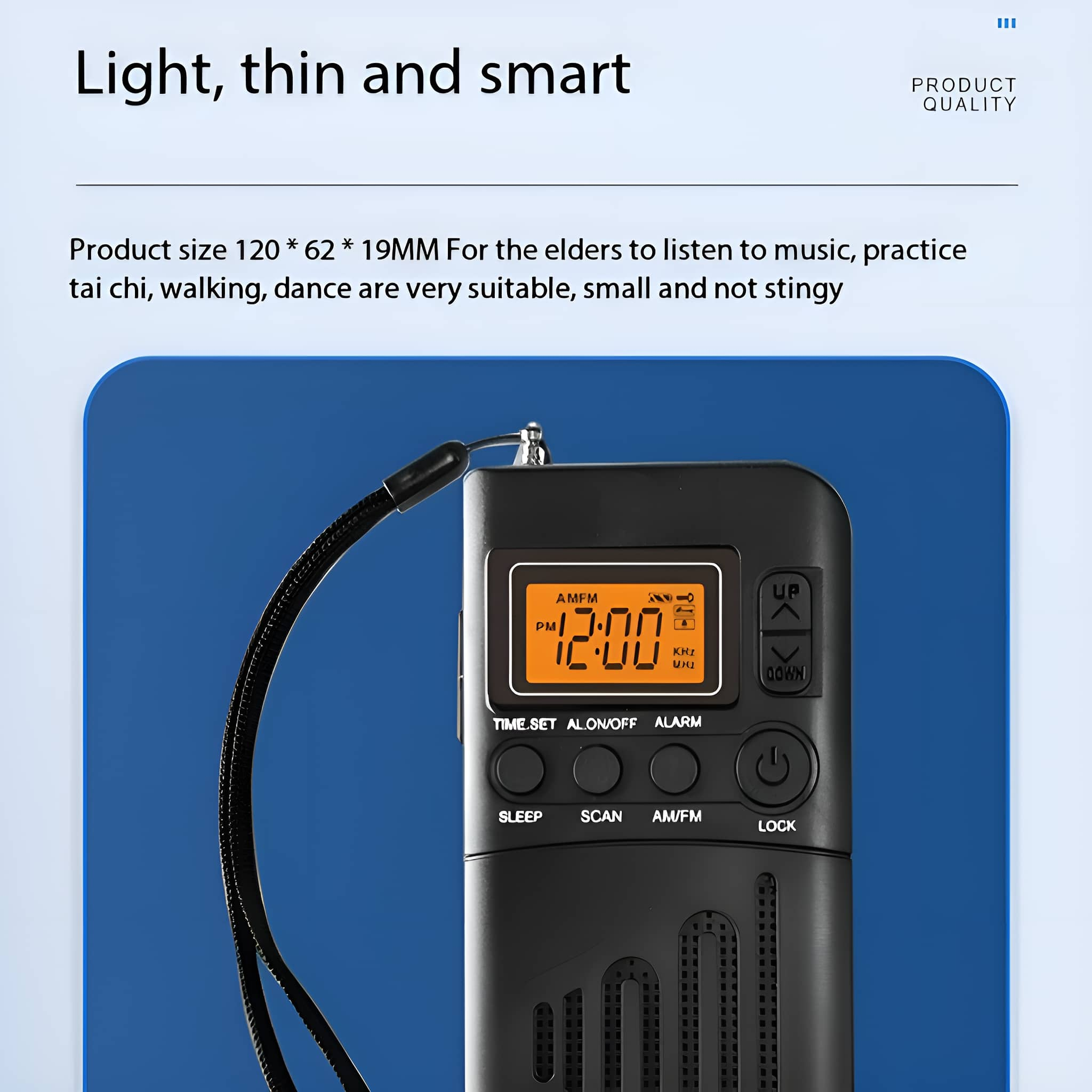 Schwarzes Retro-Radio mit Digitalanzeige. Knöpfe umfassen Zeit, Schlaf, Scan, Alarm. Blauer Hintergrund.