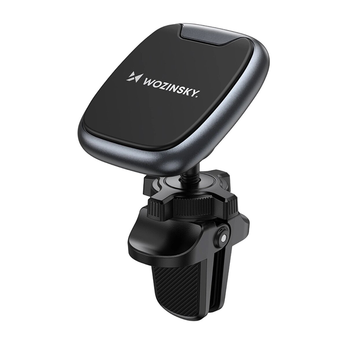 Czarny uchwyt na telefon samochodowy z magnesem, widoczna nazwa marki 'WOZINSKY'.