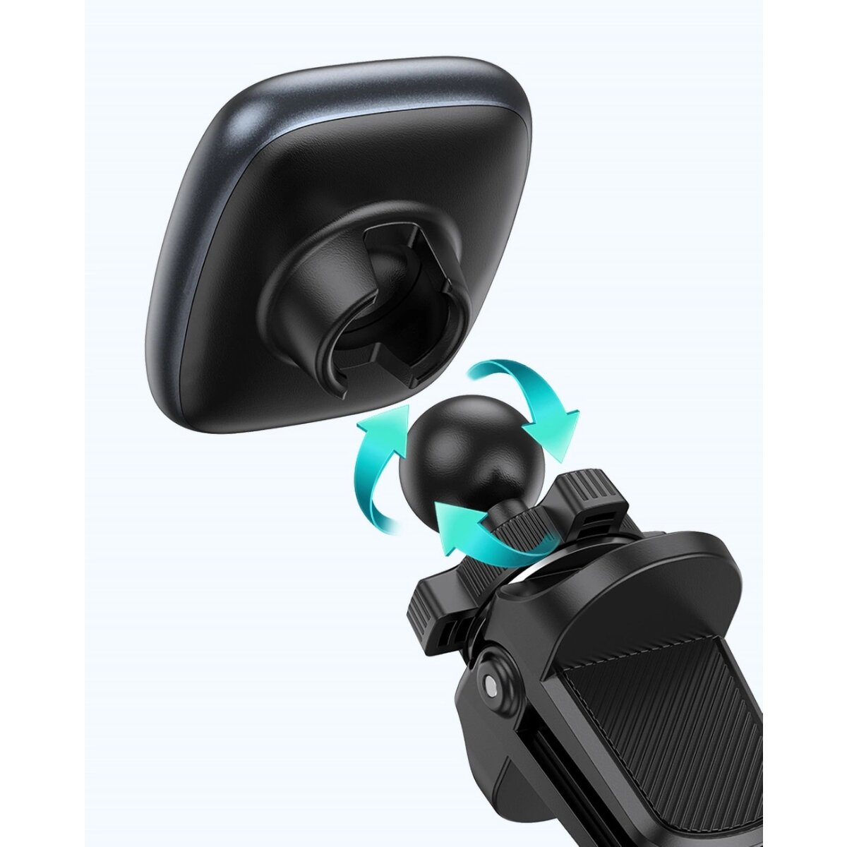 Uchwyt samochodowy do telefonu z obrotowym przegubem kulowym. Strzałki pokazują obrót.