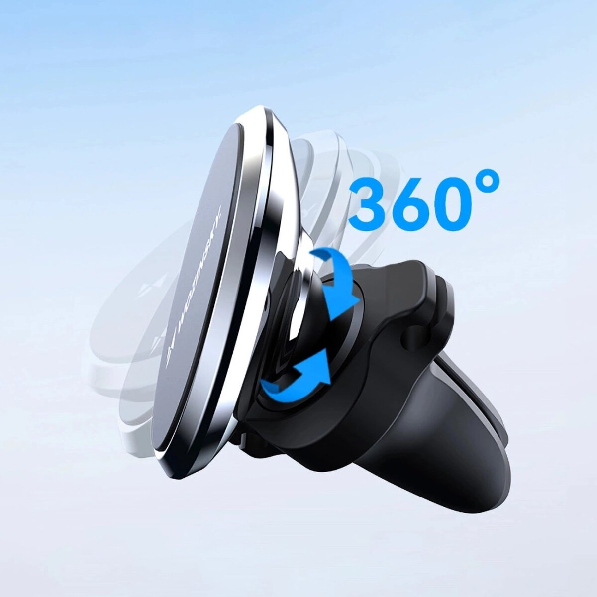 Uchwyt samochodowy na telefon, obracający się o 360 stopni, z niebieskim tłem gradientowym.