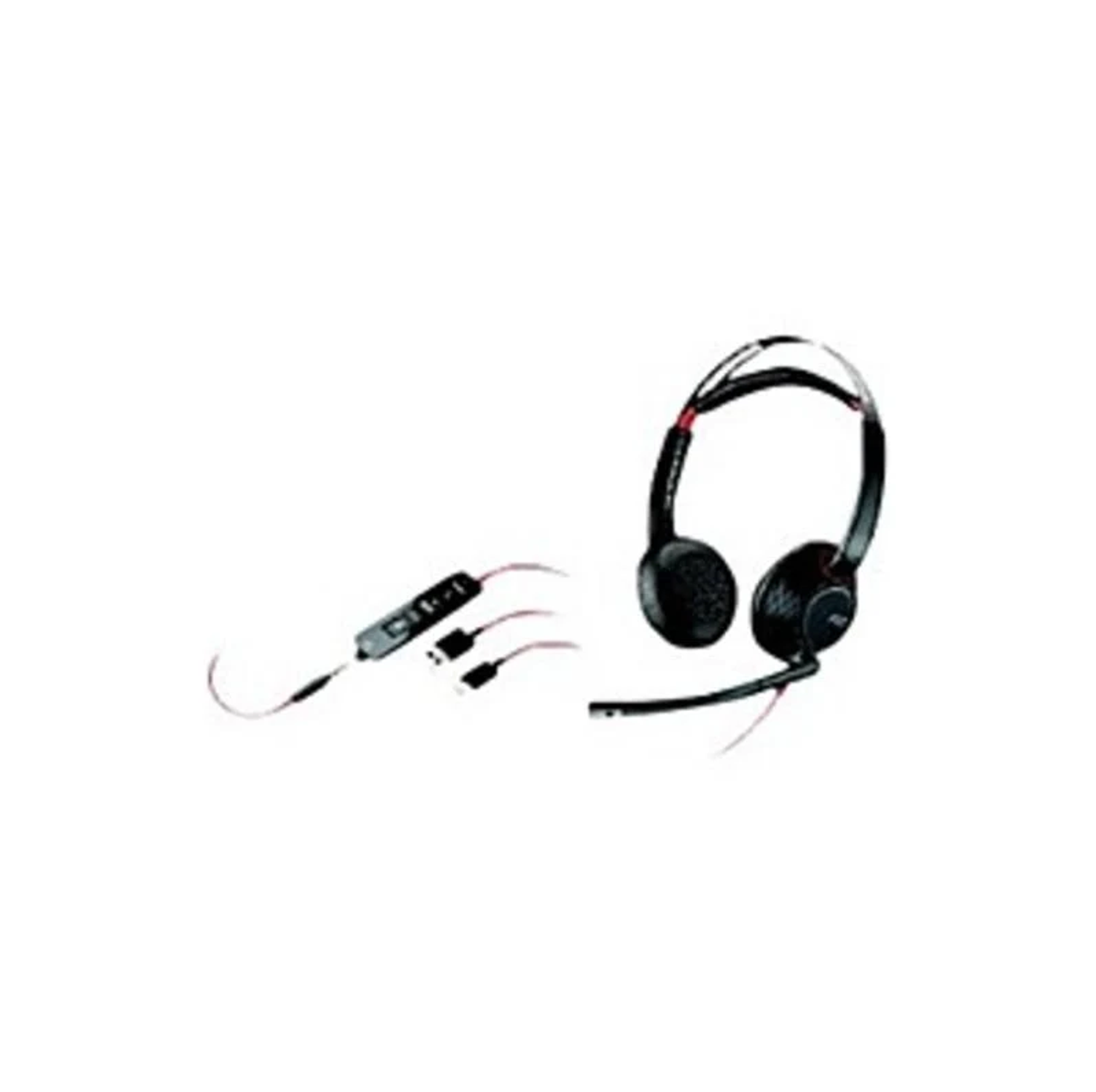 Un auricular negro con micrófono y unidad de control, con cables de conexión.
