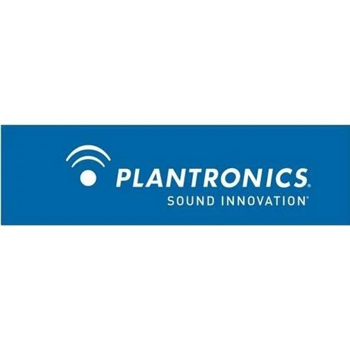 Rectángulo azul con el logo blanco de Plantronics y texto: SOUND INNOVATION.