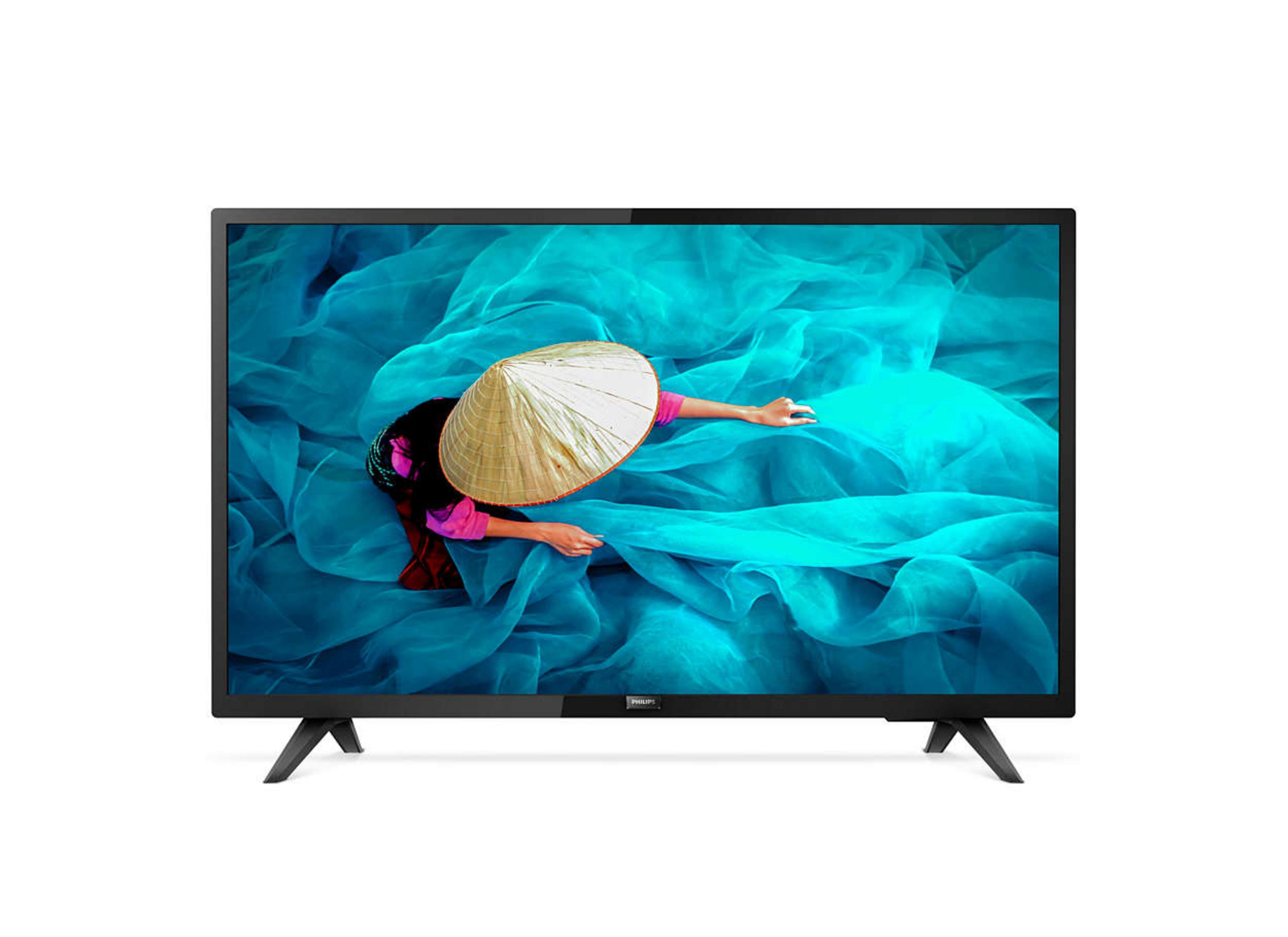 Televisor, sobre fondo blanco, mostrando una imagen de una mujer con sombrero en el agua.