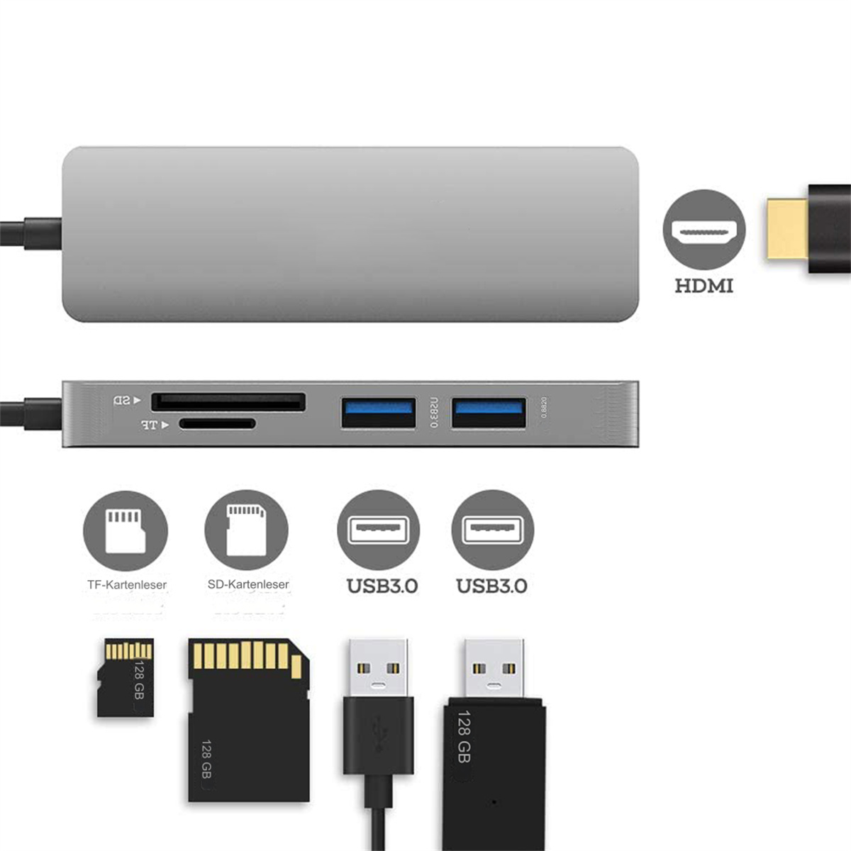Silberner USB-Hub mit mehreren Anschlüssen und SD-Kartensteckplätzen, mit angeschlossenen Kabeln und Karten.