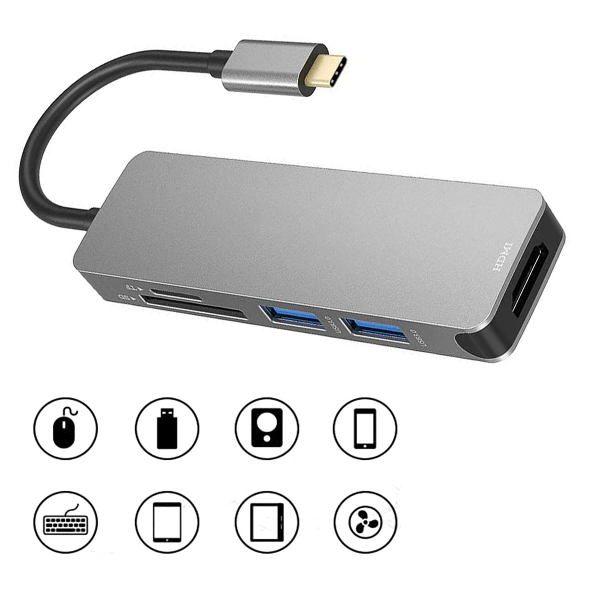 Ein silberner USB-Hub mit mehreren Anschlüssen und einem Kabel. Darunter Symbole von Geräten.