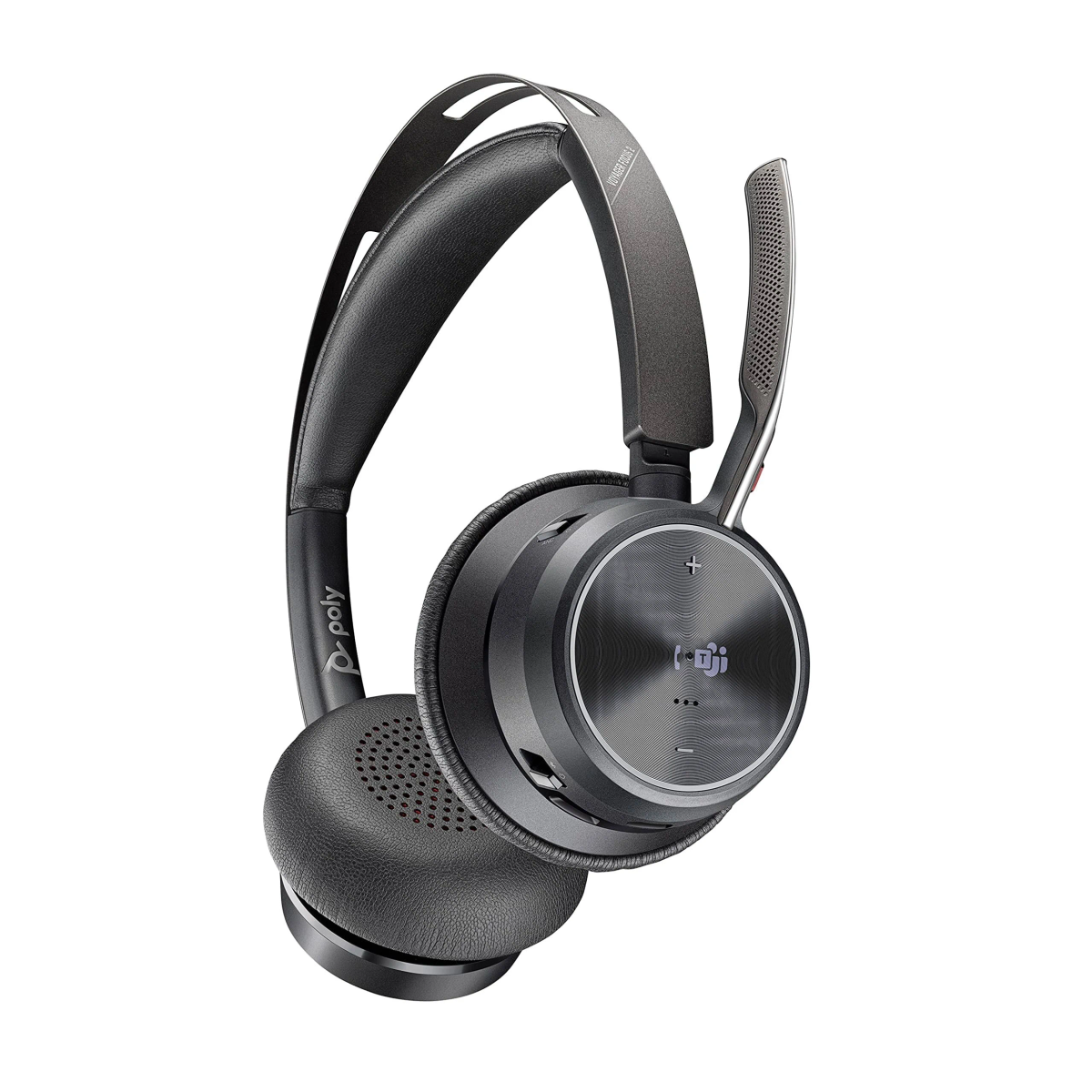 Auriculares supraaurales negros y grises con micrófono. La marca es Poly.