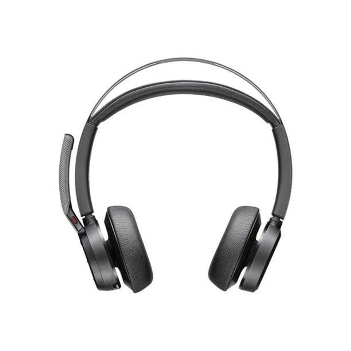 Auriculares negros con micrófono, vista superior. Tiene auriculares grandes y una diadema curva.