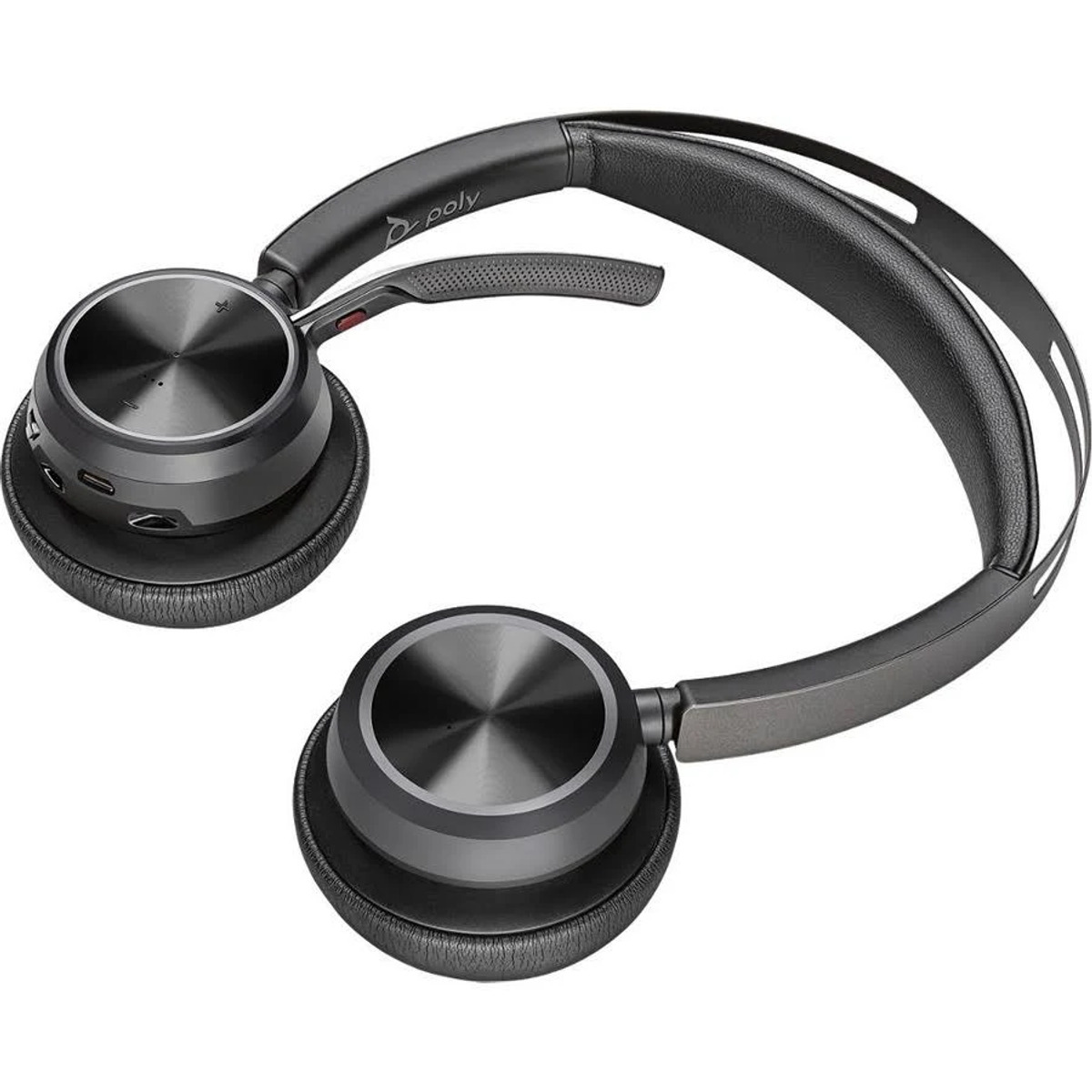 Un auricular Poly negro y gris, vista superior, con micrófono y controles.