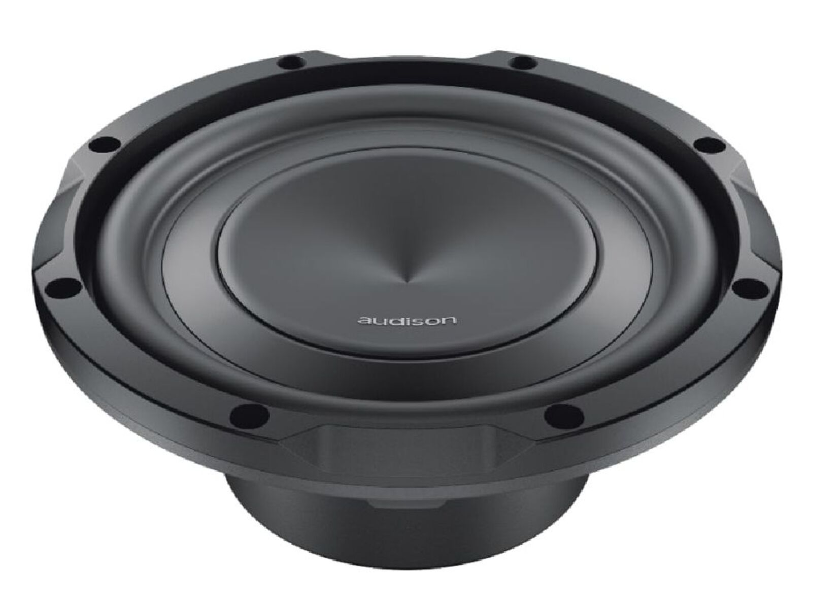 Ein schwarzer Subwoofer-Lautsprecher. Es hat ein kreisförmiges Design und der Markenname ist sichtbar.