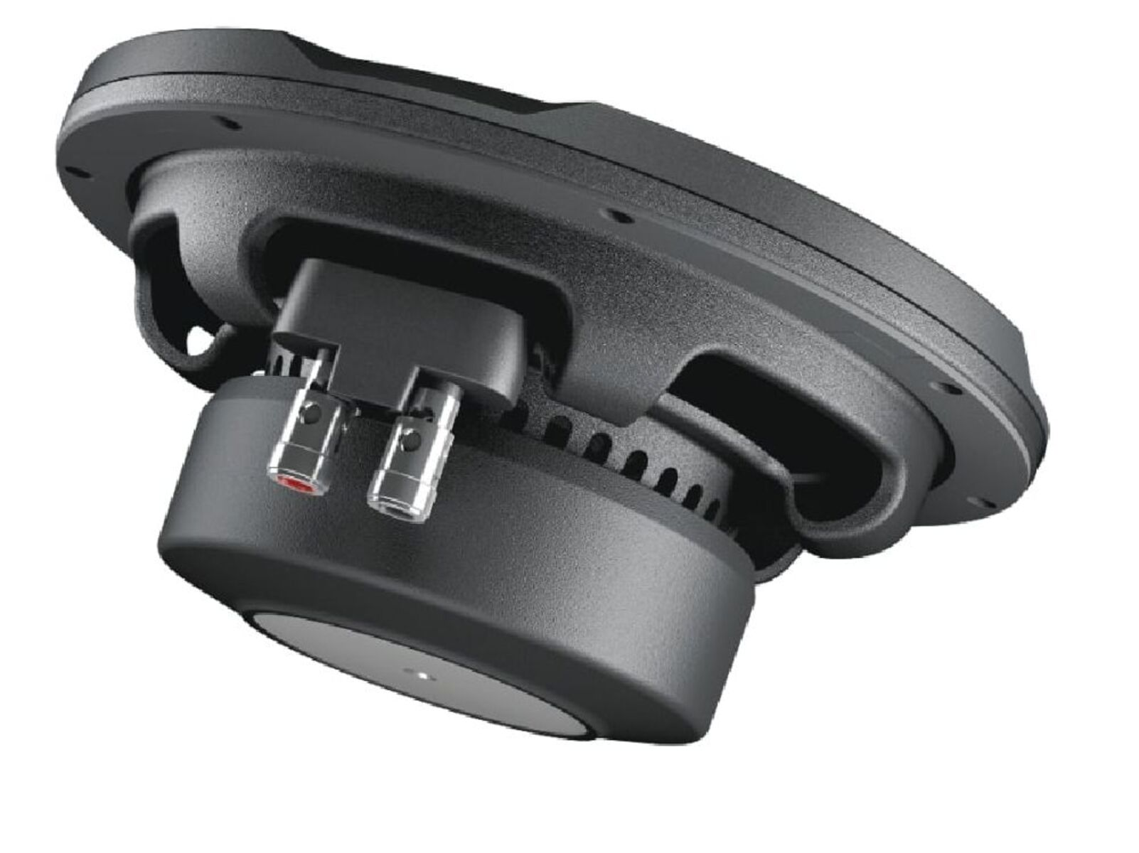 Rückansicht eines schwarzen Auto-Subwoofers. Er hat zwei Anschlüsse und eine schwarze Einfassung.