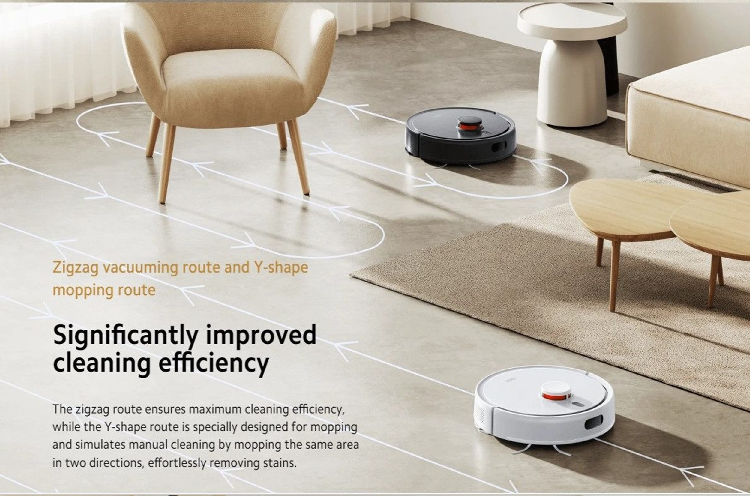 Odkurzacze robotyczne czyszczące pokój, ze strzałkami pokazującymi trasy czyszczenia.